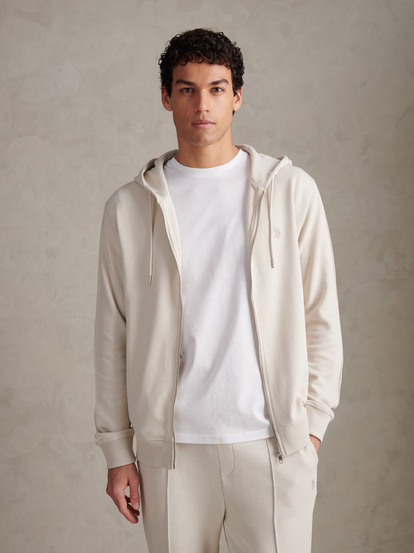 Mens Double Horsemen Interlock Zip Hoodie Beige