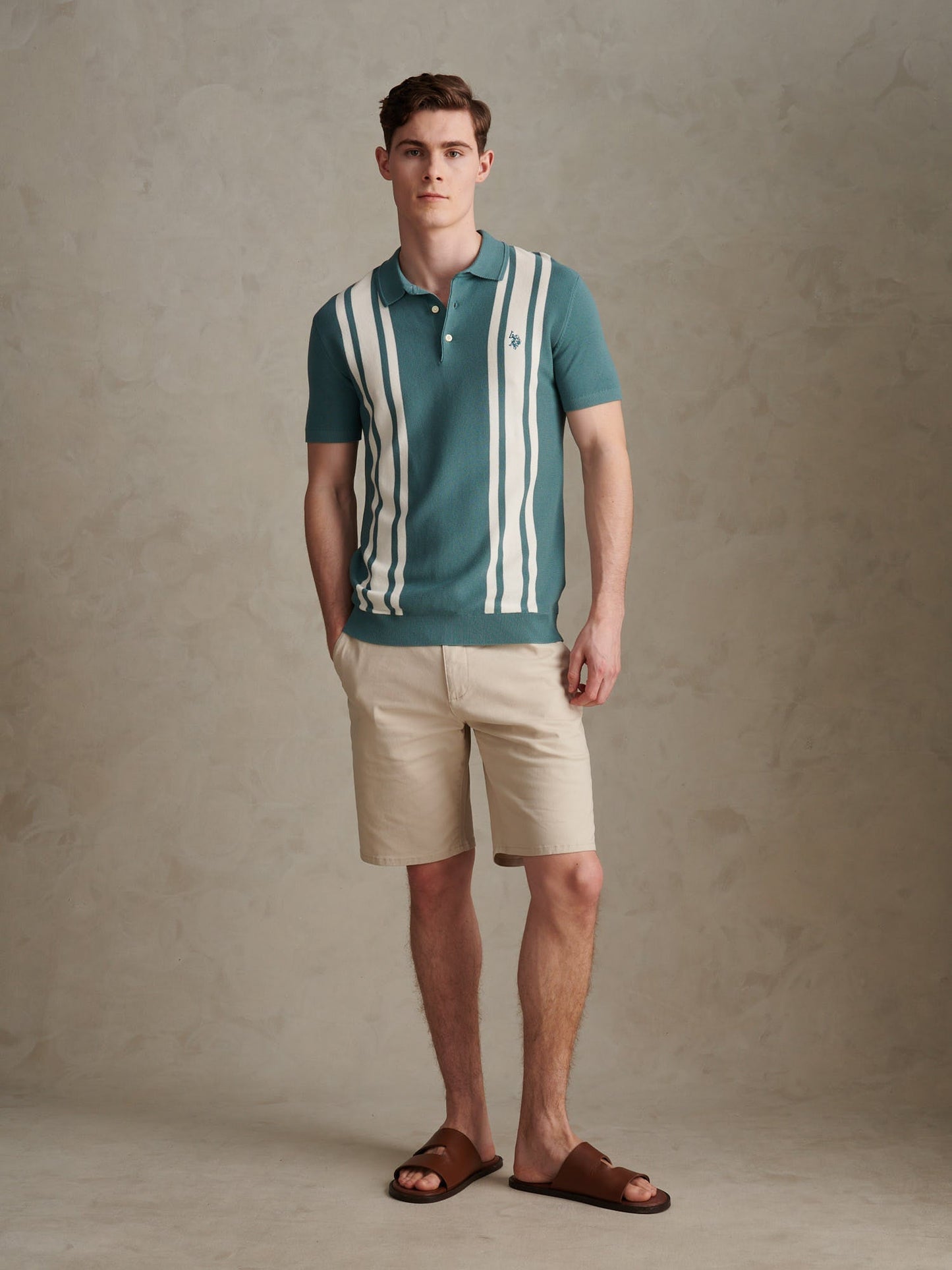 Mens Tonal Vertical Stripe Knit Polo Shirt Arctic