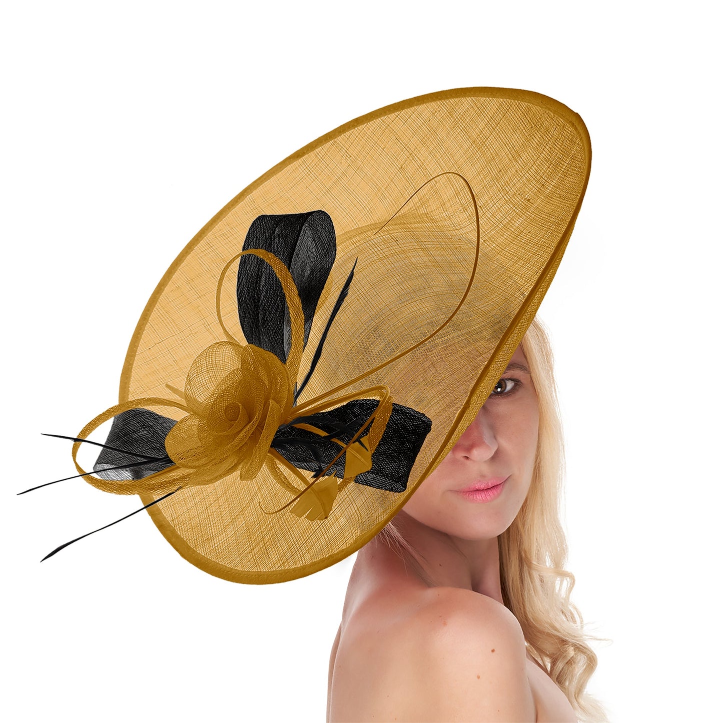 Mustard Gold Black 41cm Mix Large Sinamay Hatinator Disc Saucer Brim Hat Fascinator on Headband