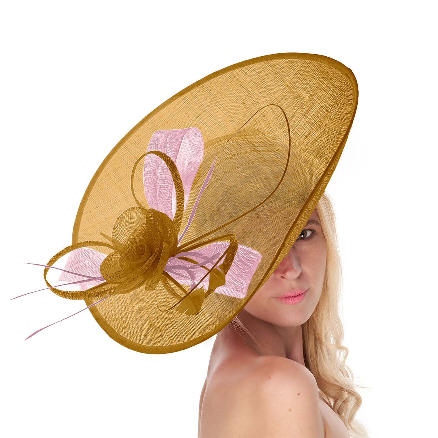 Mustard Gold Blush 41cm Mix Large Sinamay Hatinator Disc Saucer Brim Hat Fascinator on Headband