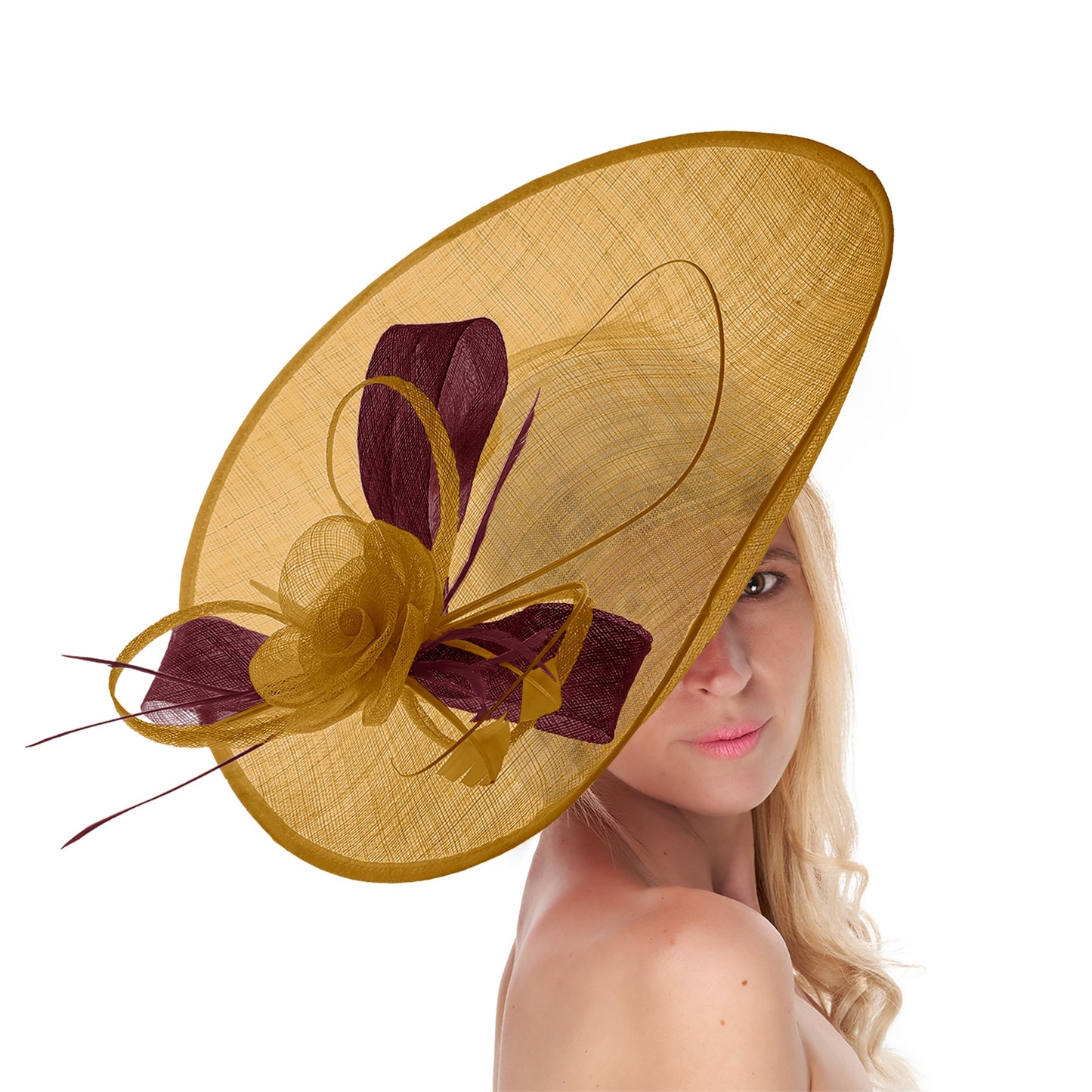 Mustard Gold Burgundy 41cm Mix Large Sinamay Hatinator Disc Saucer Brim Hat Fascinator on Headband