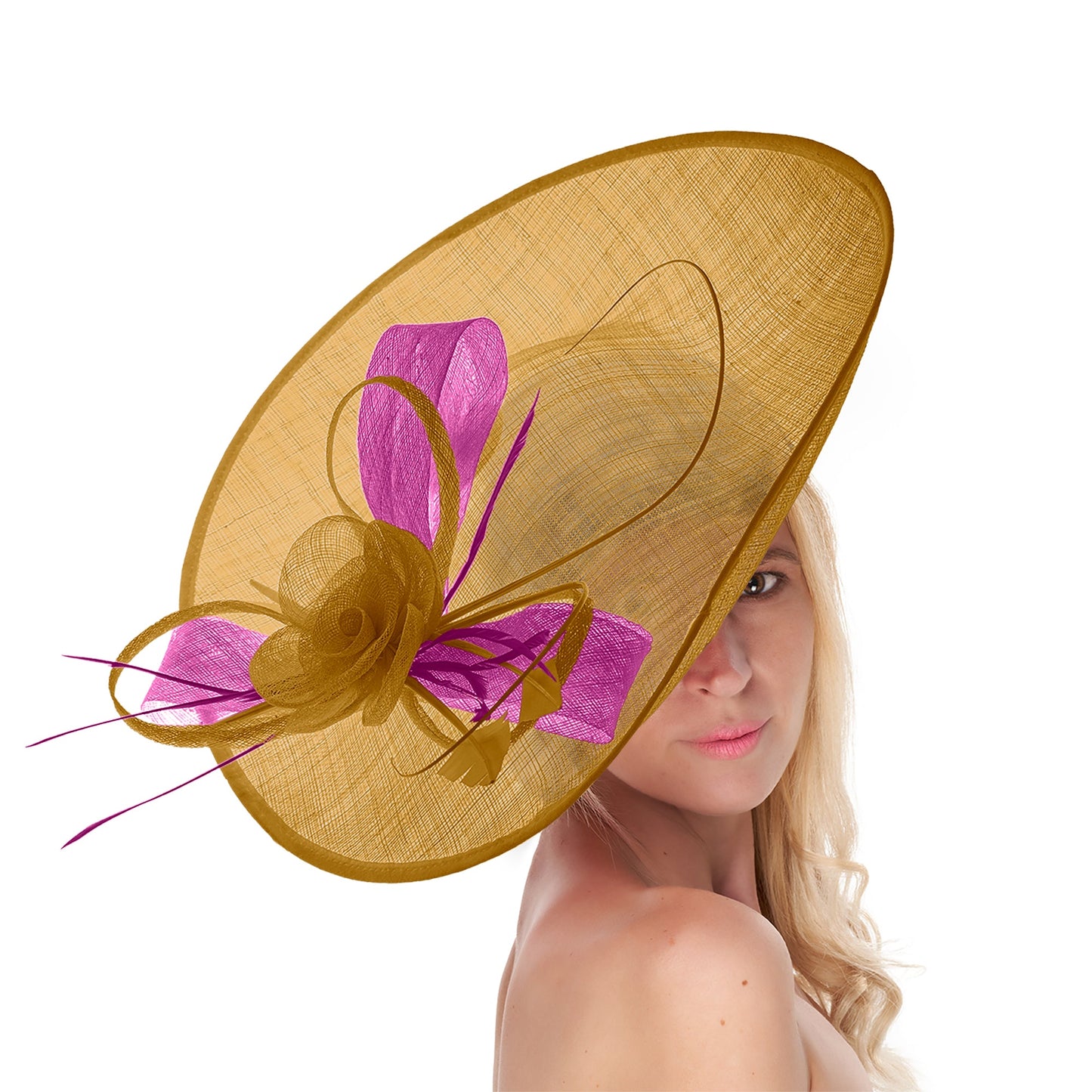 Mustard Gold Fuchsia 41cm Mix Large Sinamay Hatinator Disc Saucer Brim Hat Fascinator on Headband