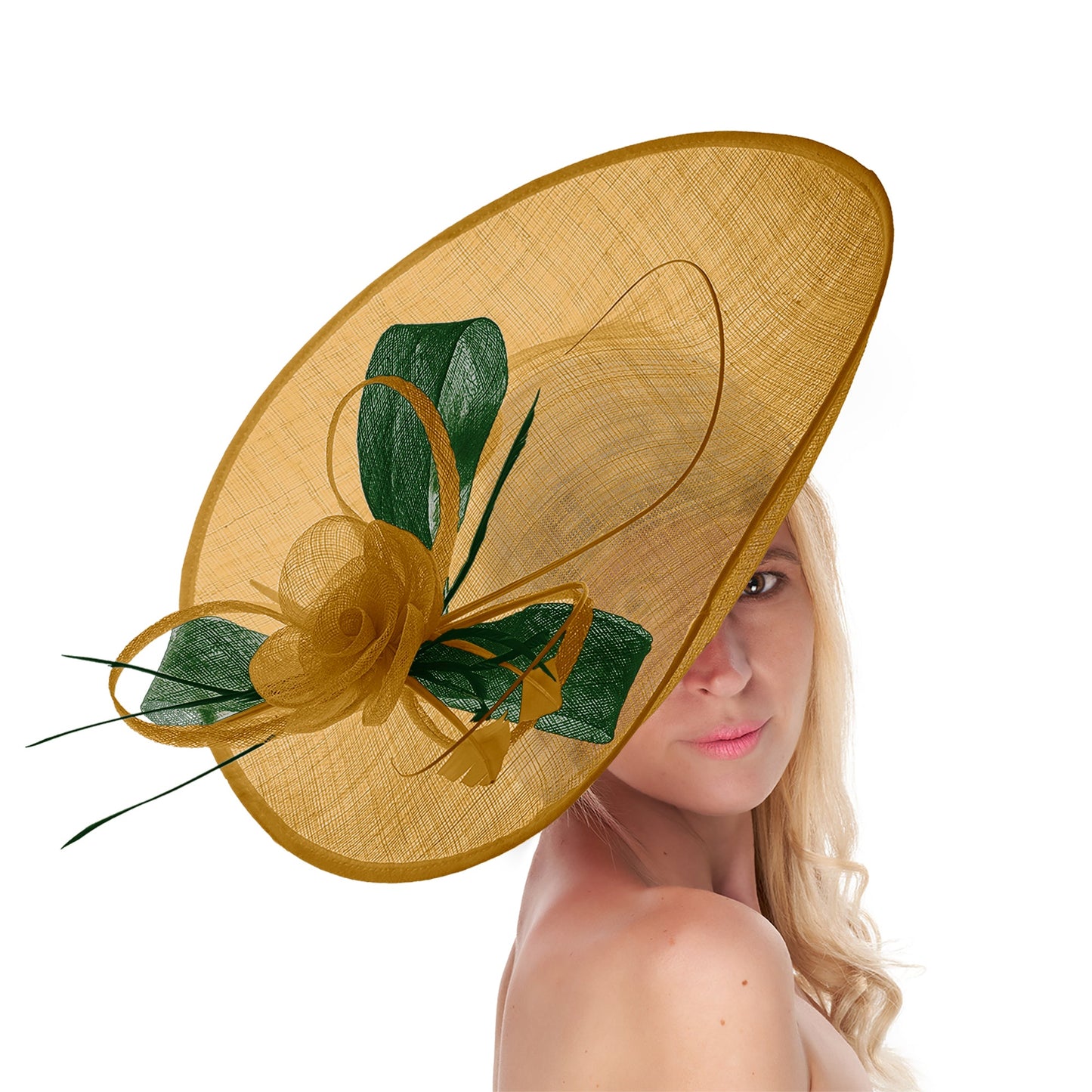Mustard Gold Green 41cm Mix Large Sinamay Hatinator Disc Saucer Brim Hat Fascinator on Headband