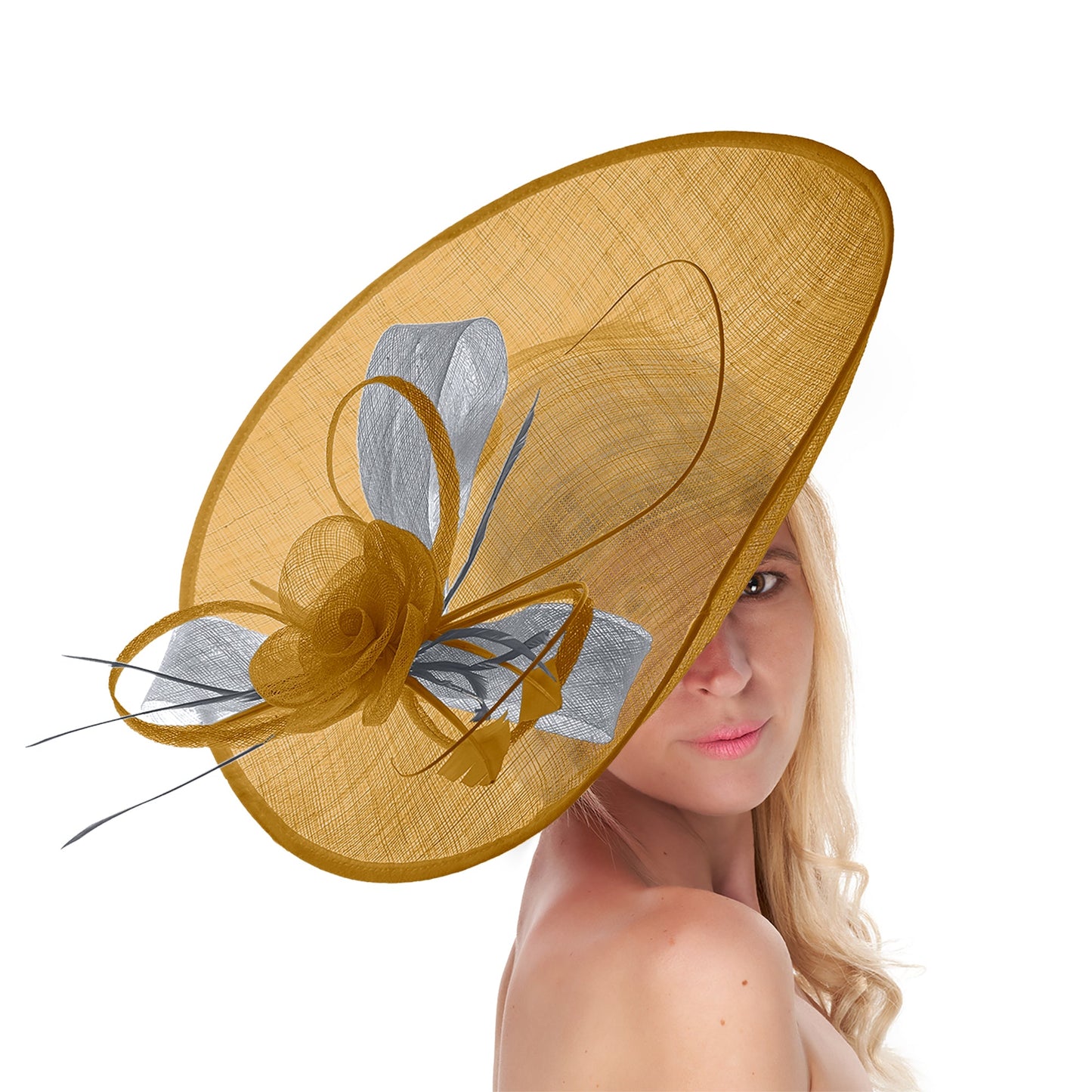 Mustard Gold Silver 41cm Mix Large Sinamay Hatinator Disc Saucer Brim Hat Fascinator on Headband