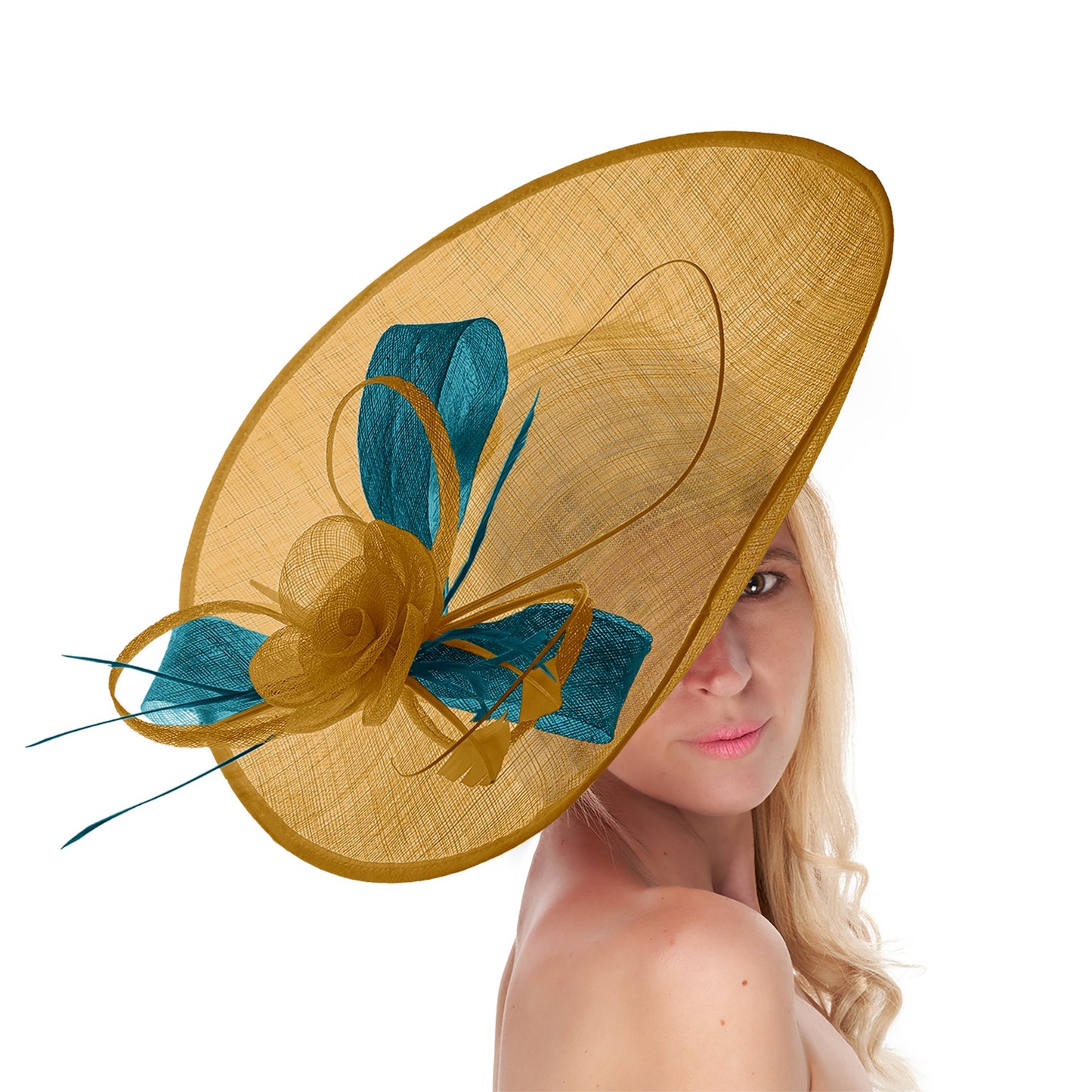Mustard Gold Teal 41cm Mix Large Sinamay Hatinator Disc Saucer Brim Hat Fascinator on Headband