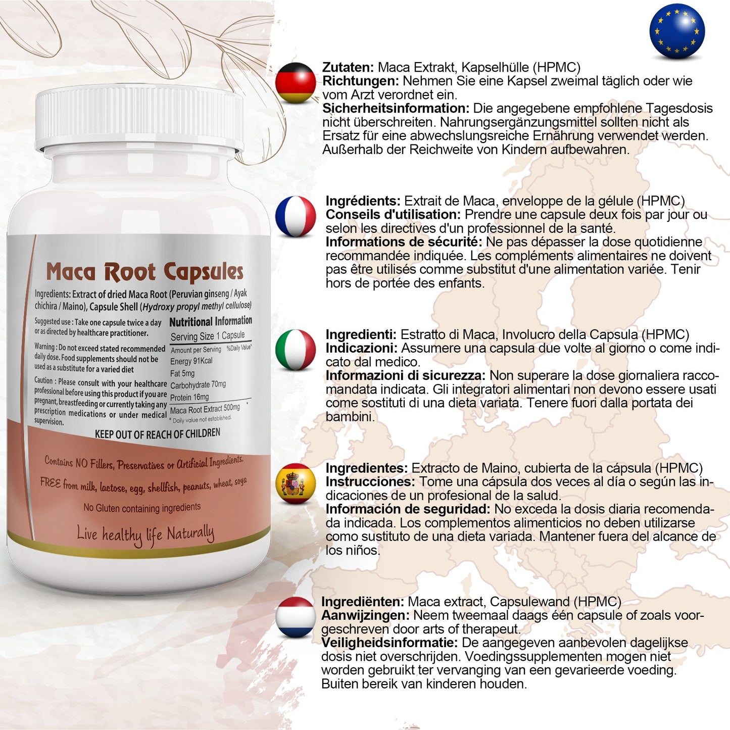 Ayushya Maca Root Capsules (Peruvian Ginseng) Energy & Stamina Support - Vegan, Gluten Free, Non-GMO, 60 Capsules