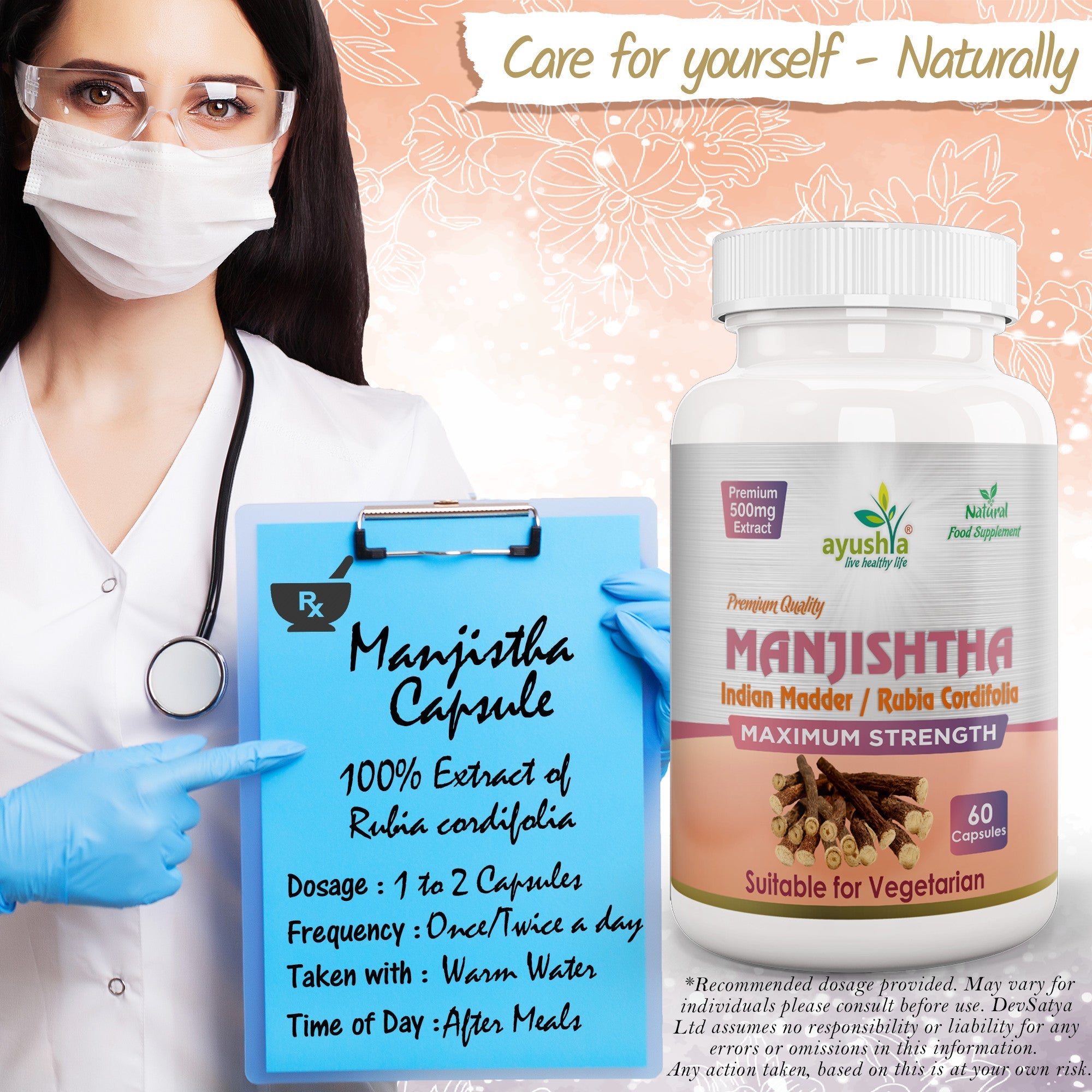 Ayushya Manjistha with Sarsaparilla Capsules (Indian Madder) Skin Clarity Support - Vegan, Gluten Free, Non-GMO, 60 Capsules