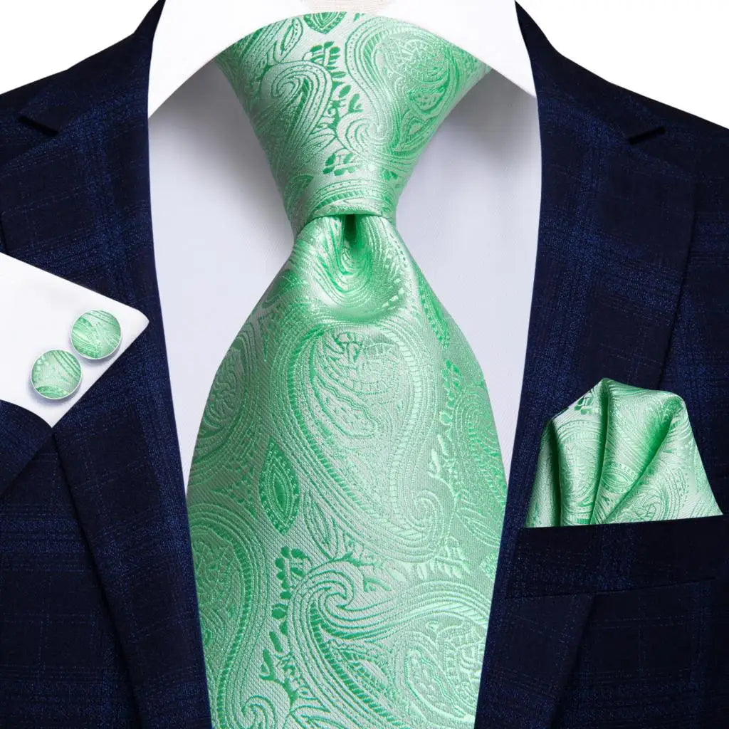Mint Green Floral Silk Tie - With Matching Cufflinks & Pocket Square