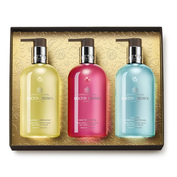 Molton Brown Floral & Aromatic Hand Wash Gift Set 300ml Orange & Bergamot + 300ml Fiery Pink Pepper + 300ml Coastal Cypress & Sea Fennel