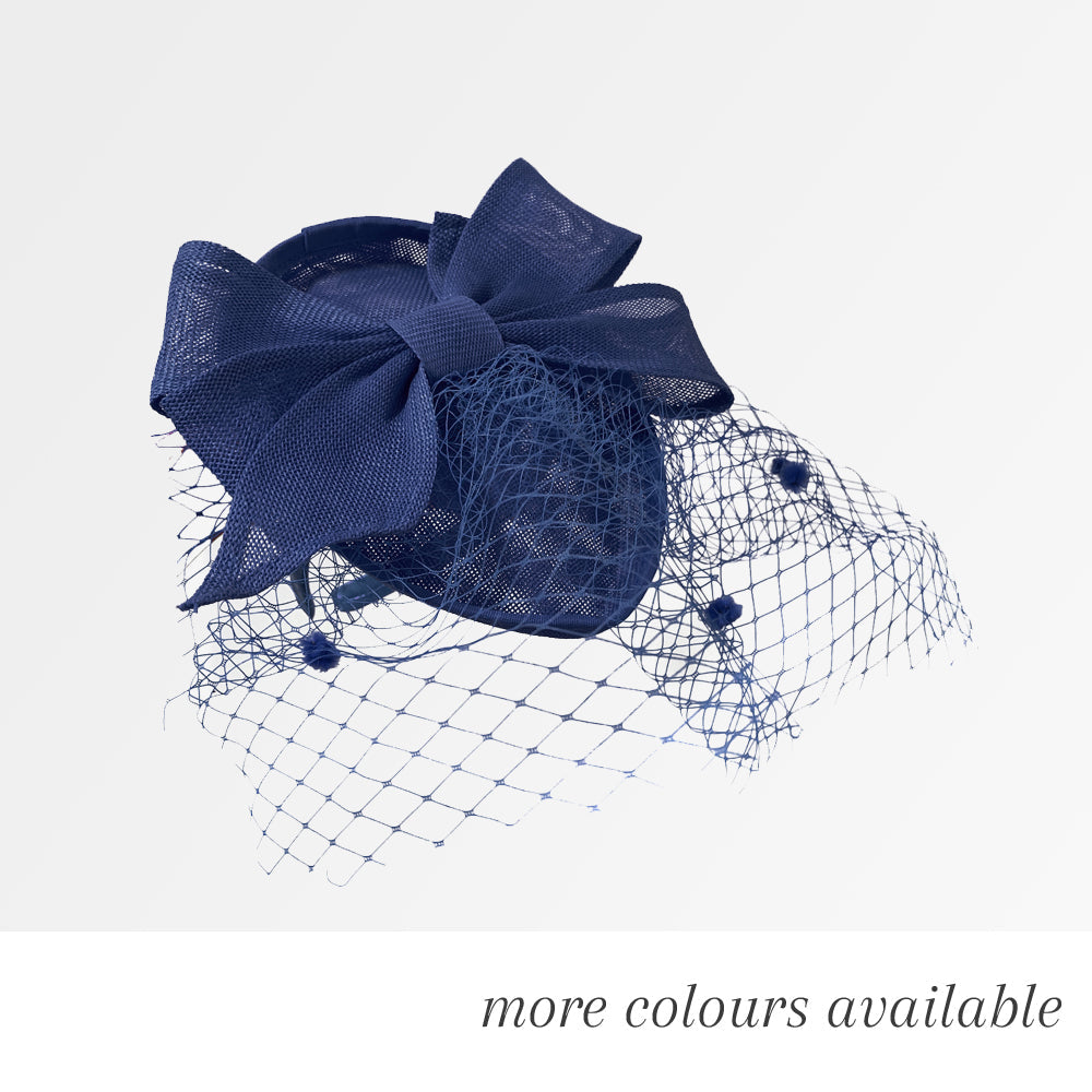 Teardrop Pointed Pillbox Base Large Bow Fascinator with Birdcage Veil on Headband