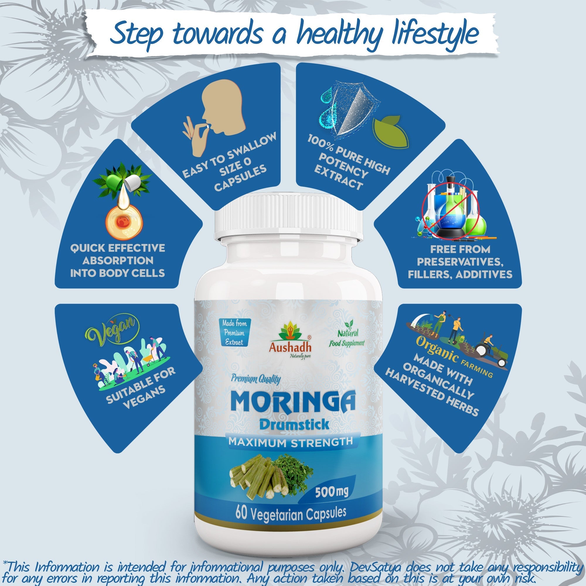 Aushadh Moringa Oleifera Capsules (Drumstick Tree) Energy & Nutrition Support - Vegan, Gluten Free, Non-GMO, 60 Capsules