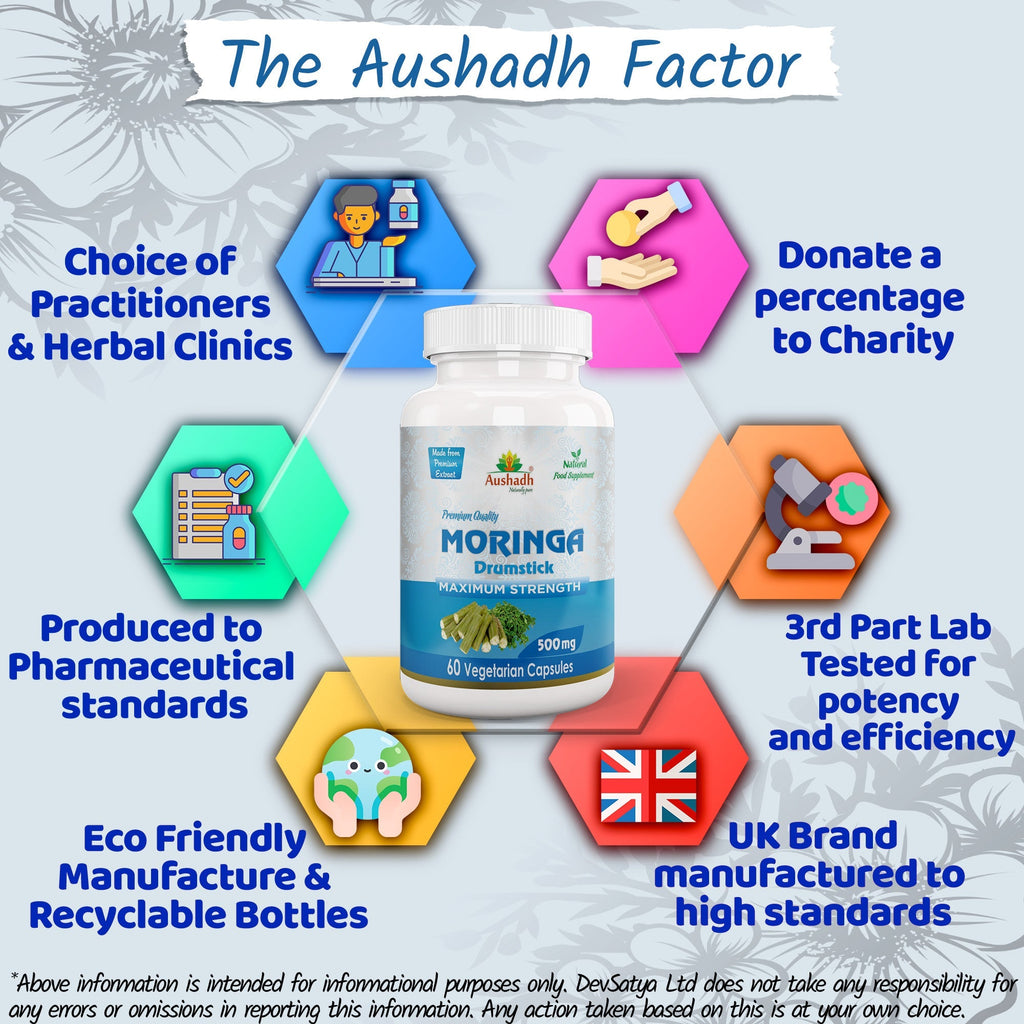 Aushadh Moringa Oleifera Capsules (Drumstick Tree) Energy & Nutrition Support - Vegan, Gluten Free, Non-GMO, 60 Capsules
