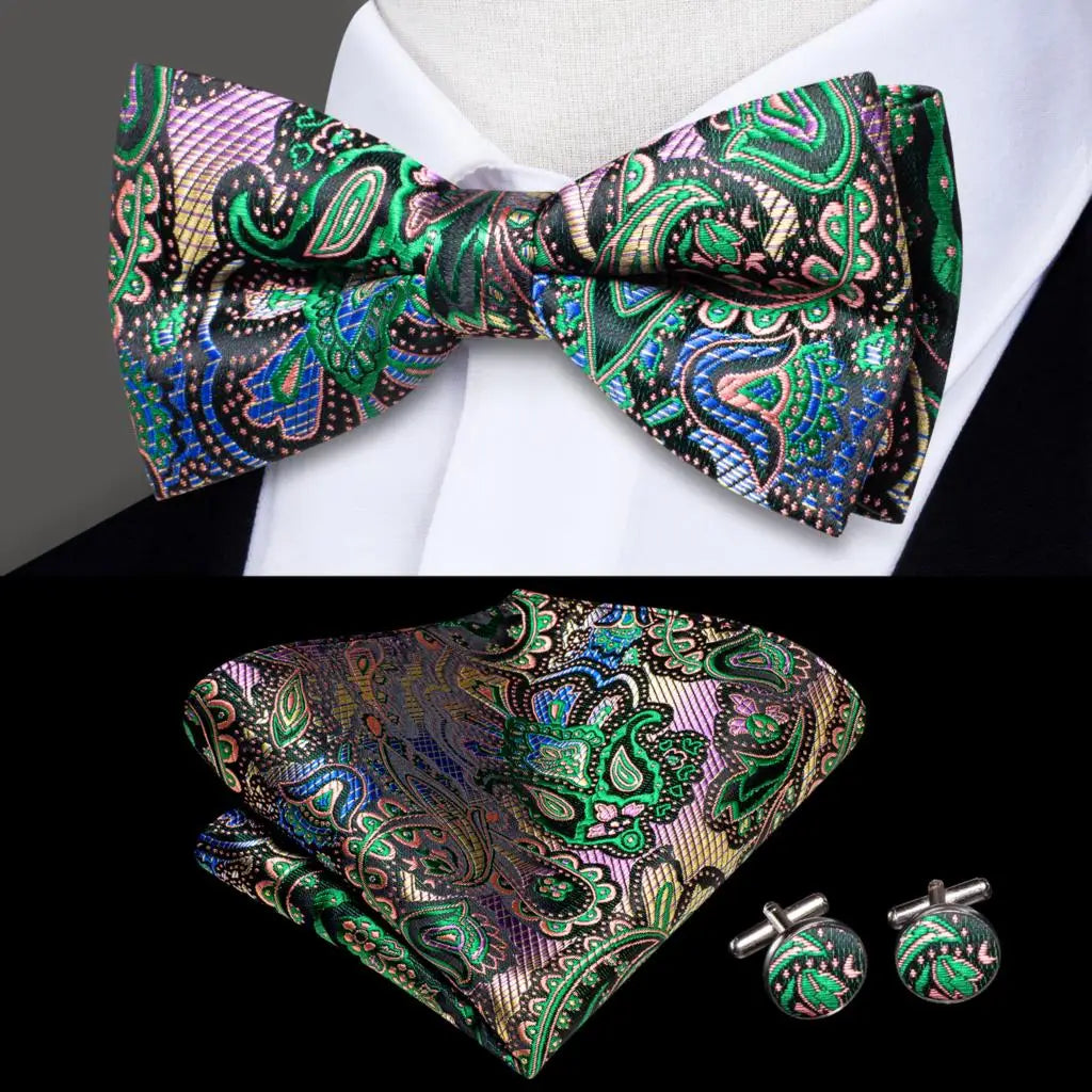 Multi Colored Paisley Silk Bow Tie - With Matching Cufflinks & Pocket Square