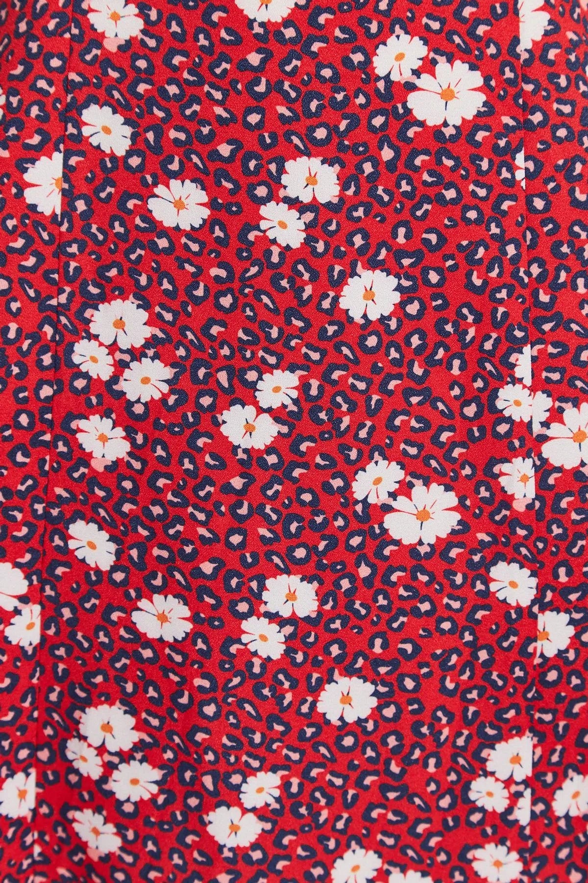Louche Nadine Roaring Daisy Print Square Neck Balloon Sleeve Midi Dress Red
