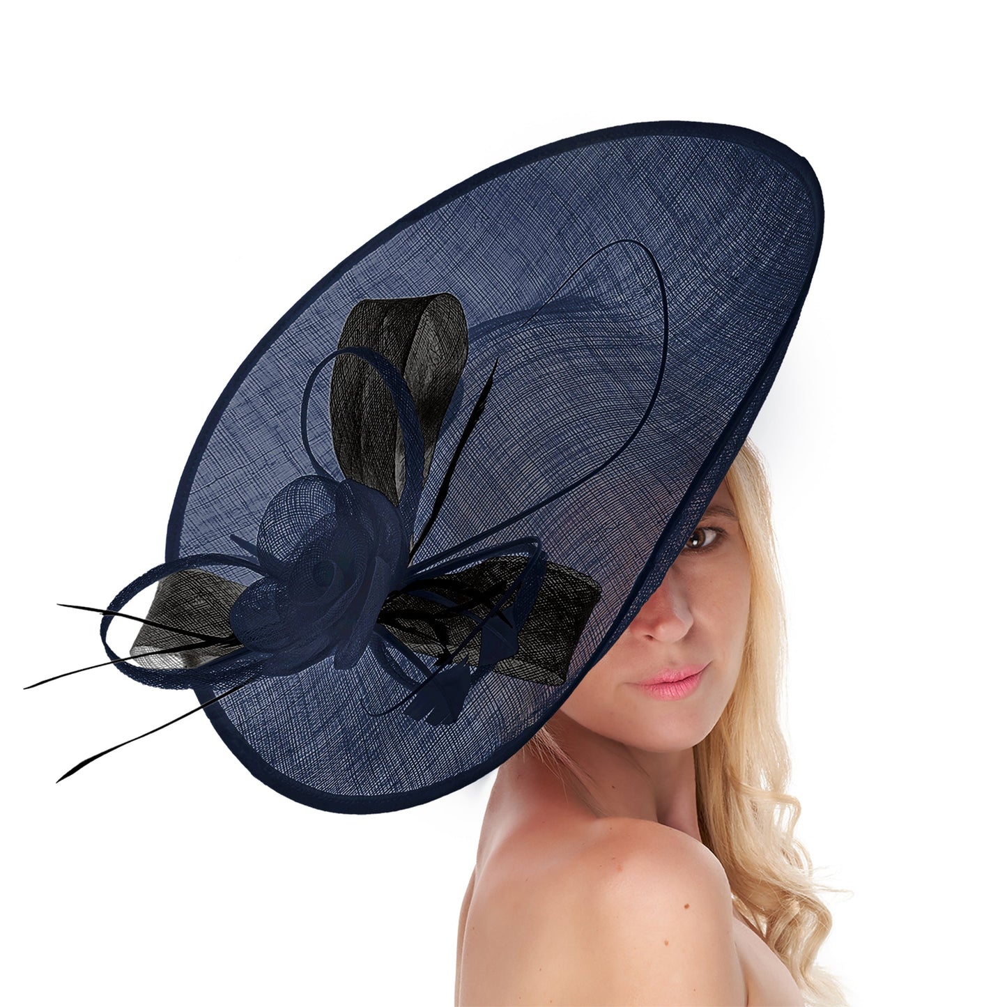 Navy Dark Blue Black Mix 41cm Large Sinamay Hatinator Disc Saucer Brim Hat Fascinator on Headband