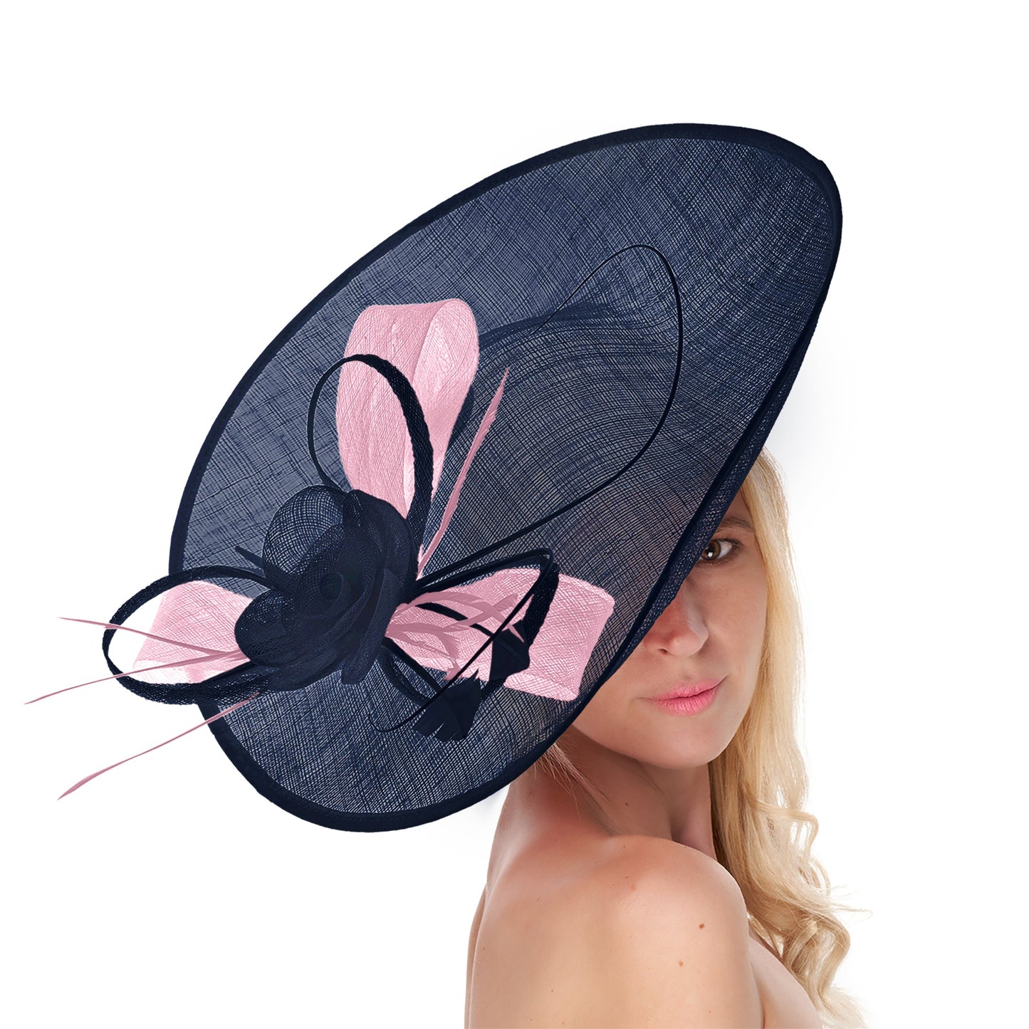 Navy Dark Blue Blush Mix 41cm Large Sinamay Hatinator Disc Saucer Brim Hat Fascinator on Headband