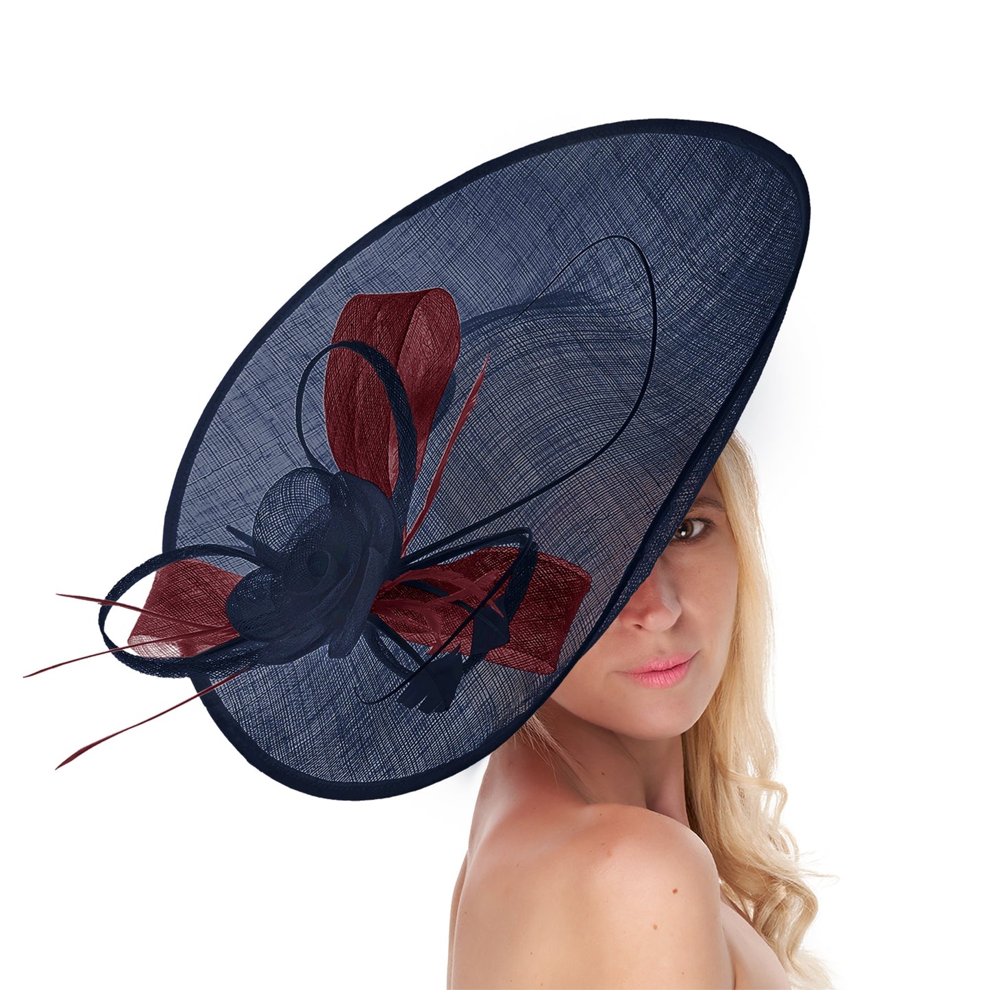 Navy Dark Blue Burgundy Mix 41cm Large Sinamay Hatinator Disc Saucer Brim Hat Fascinator on Headband