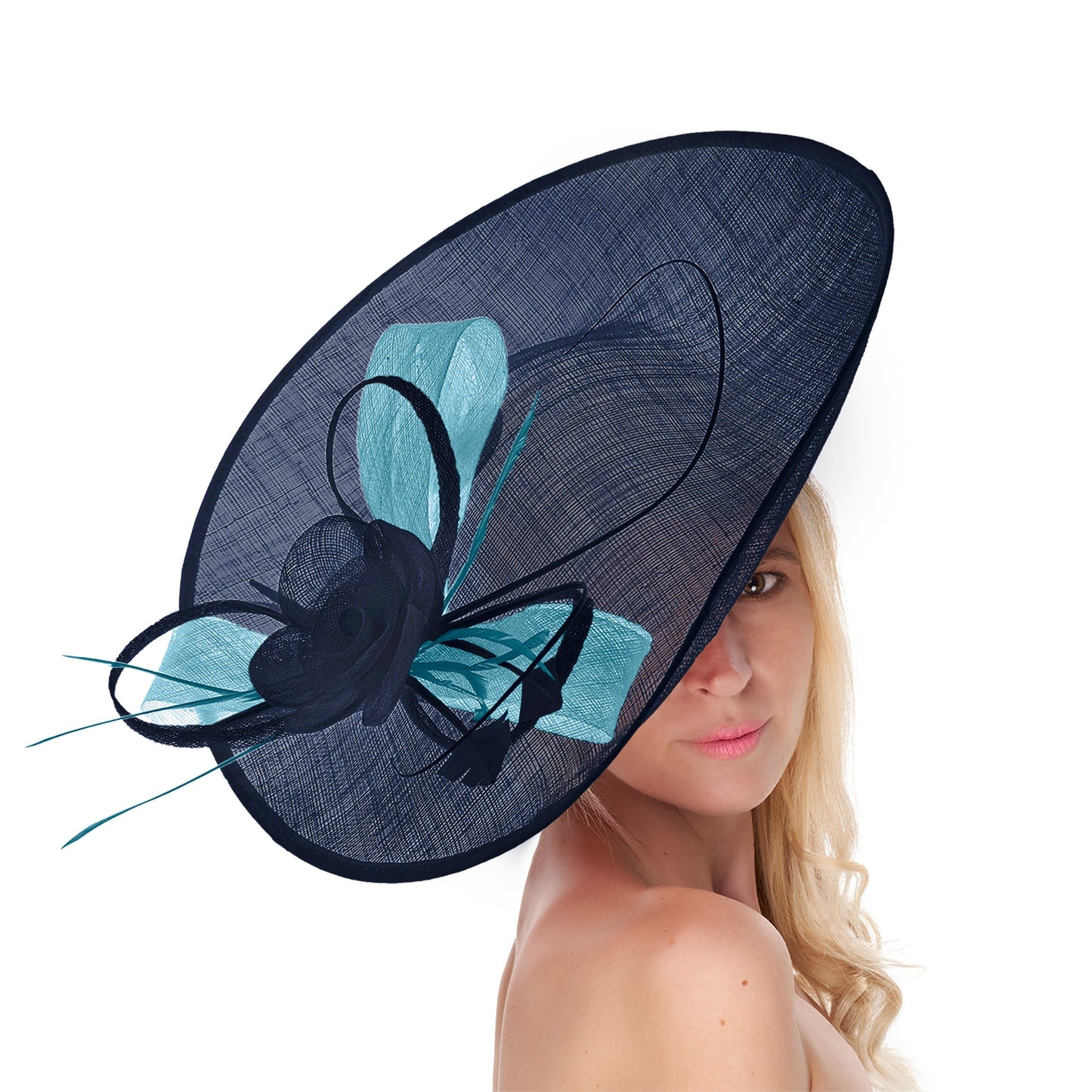 Navy Dark Blue Cornflower Mix 41cm Large Sinamay Hatinator Disc Saucer Brim Hat Fascinator on Headband