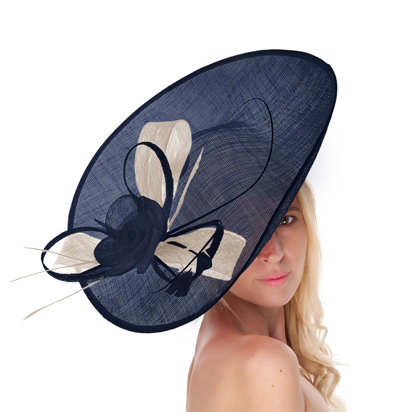 Navy Dark Blue Cream Mix 41cm Large Sinamay Hatinator Disc Saucer Brim Hat Fascinator on Headband