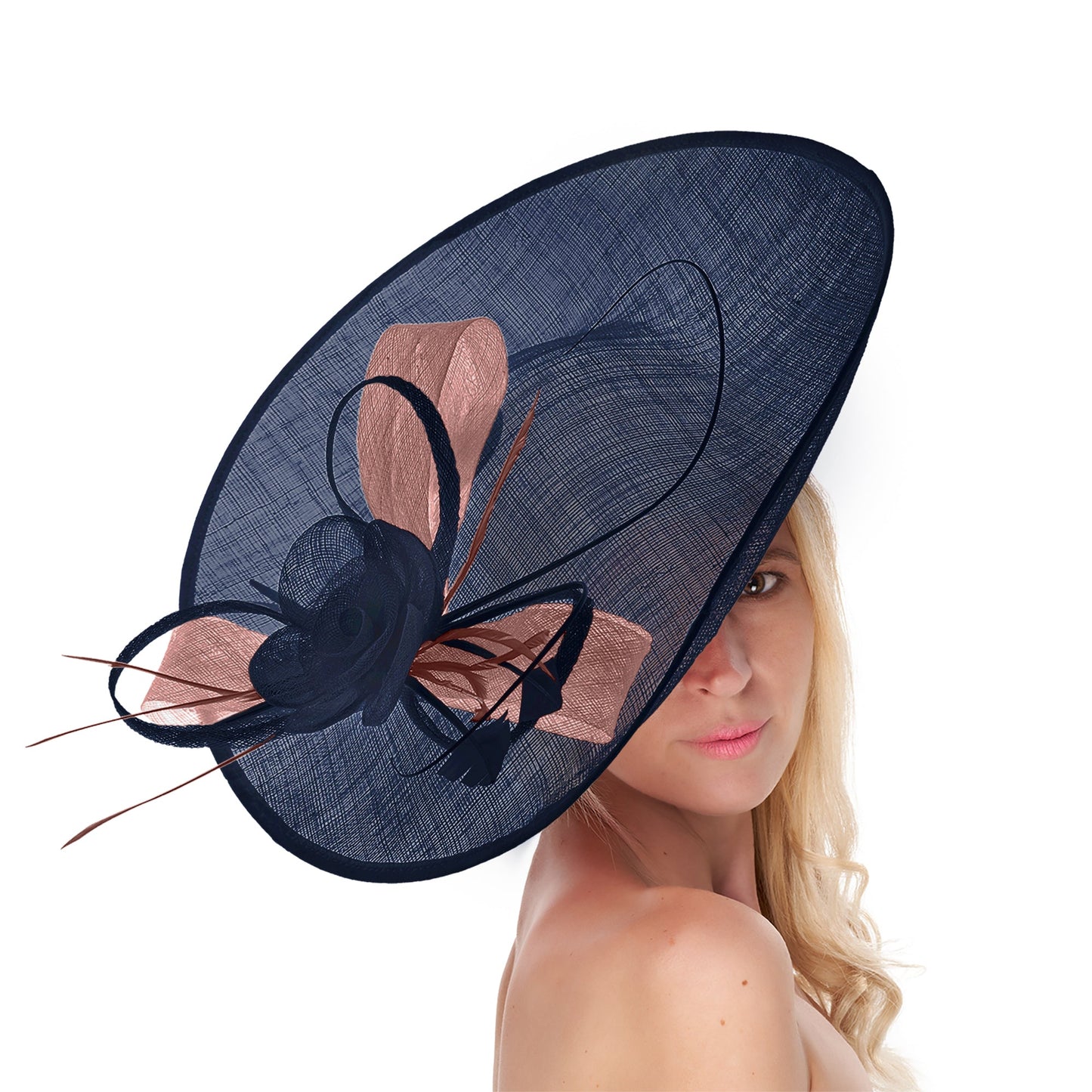 Navy Dark Blue Dusty Pink Mix 41cm Large Sinamay Hatinator Disc Saucer Brim Hat Fascinator on Headband