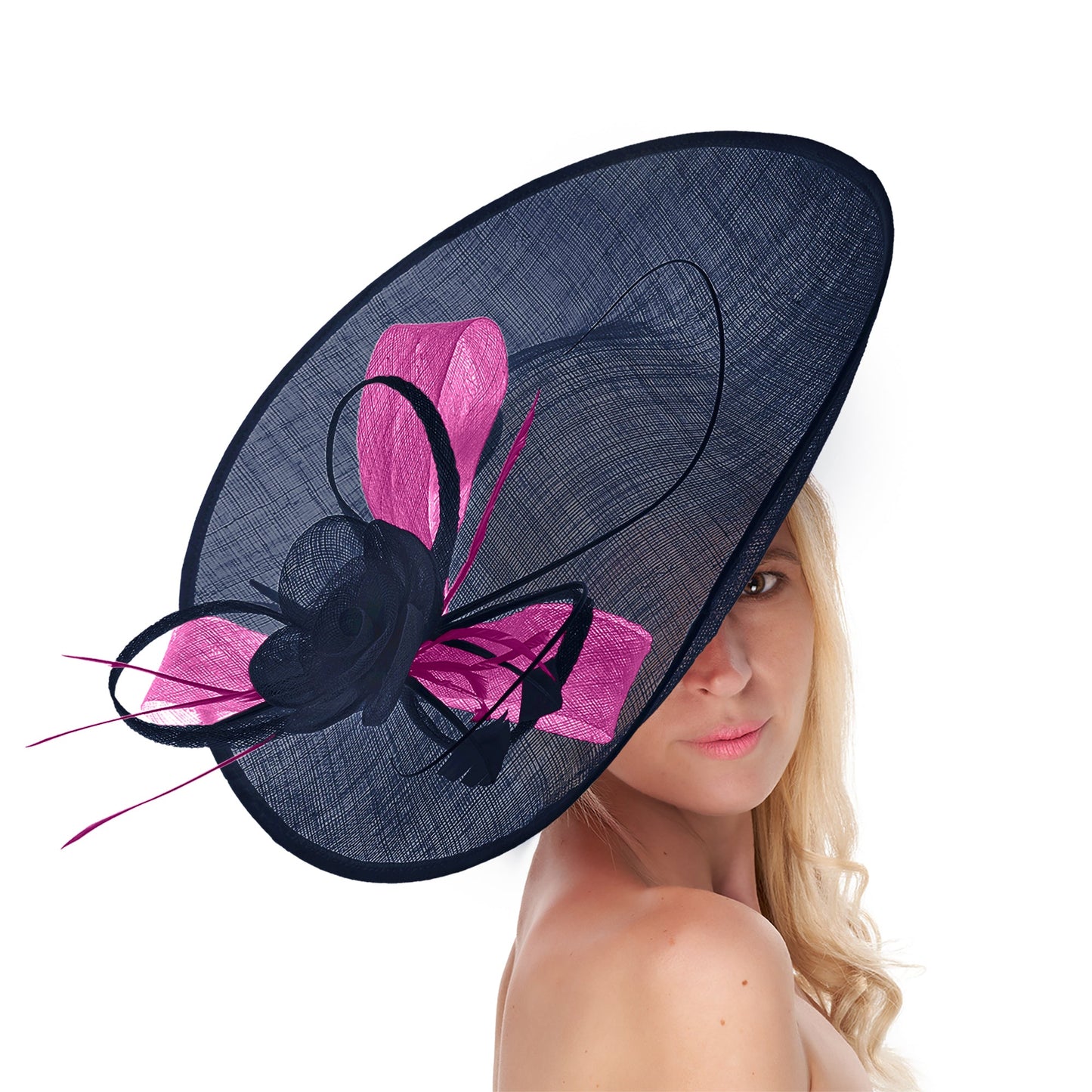 Navy Dark Blue Fuchsia Mix 41cm Large Sinamay Hatinator Disc Saucer Brim Hat Fascinator on Headband
