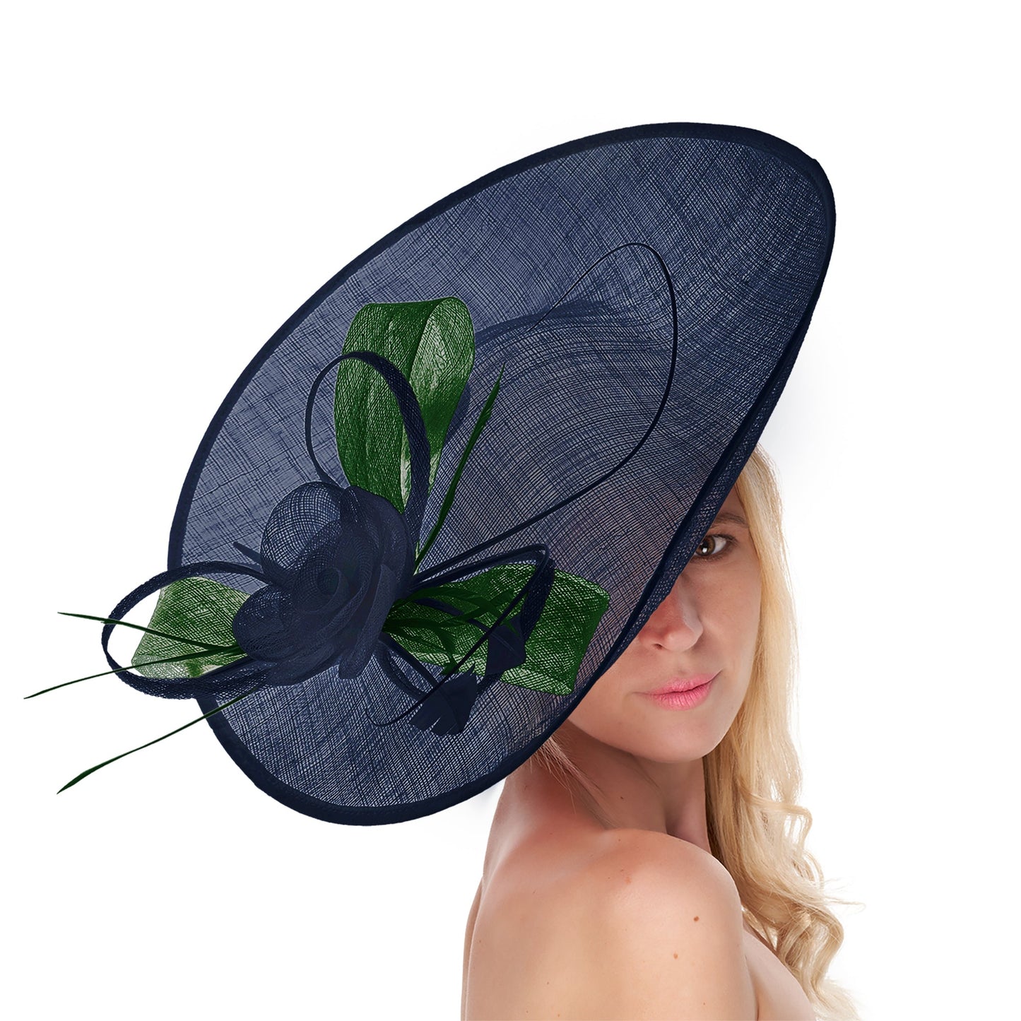 Navy Dark Blue Green Mix 41cm Large Sinamay Hatinator Disc Saucer Brim Hat Fascinator on Headband