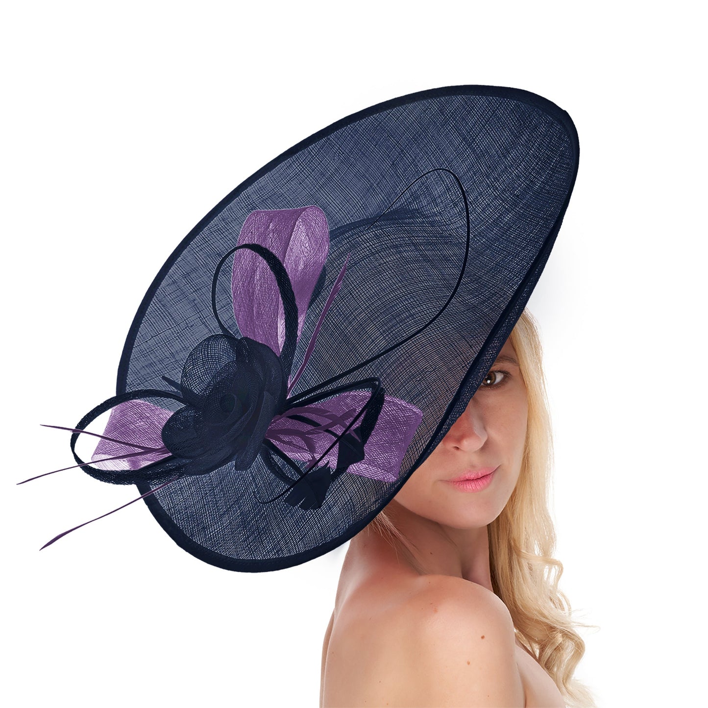 Navy Dark Blue Lavender Mix 41cm Large Sinamay Hatinator Disc Saucer Brim Hat Fascinator on Headband