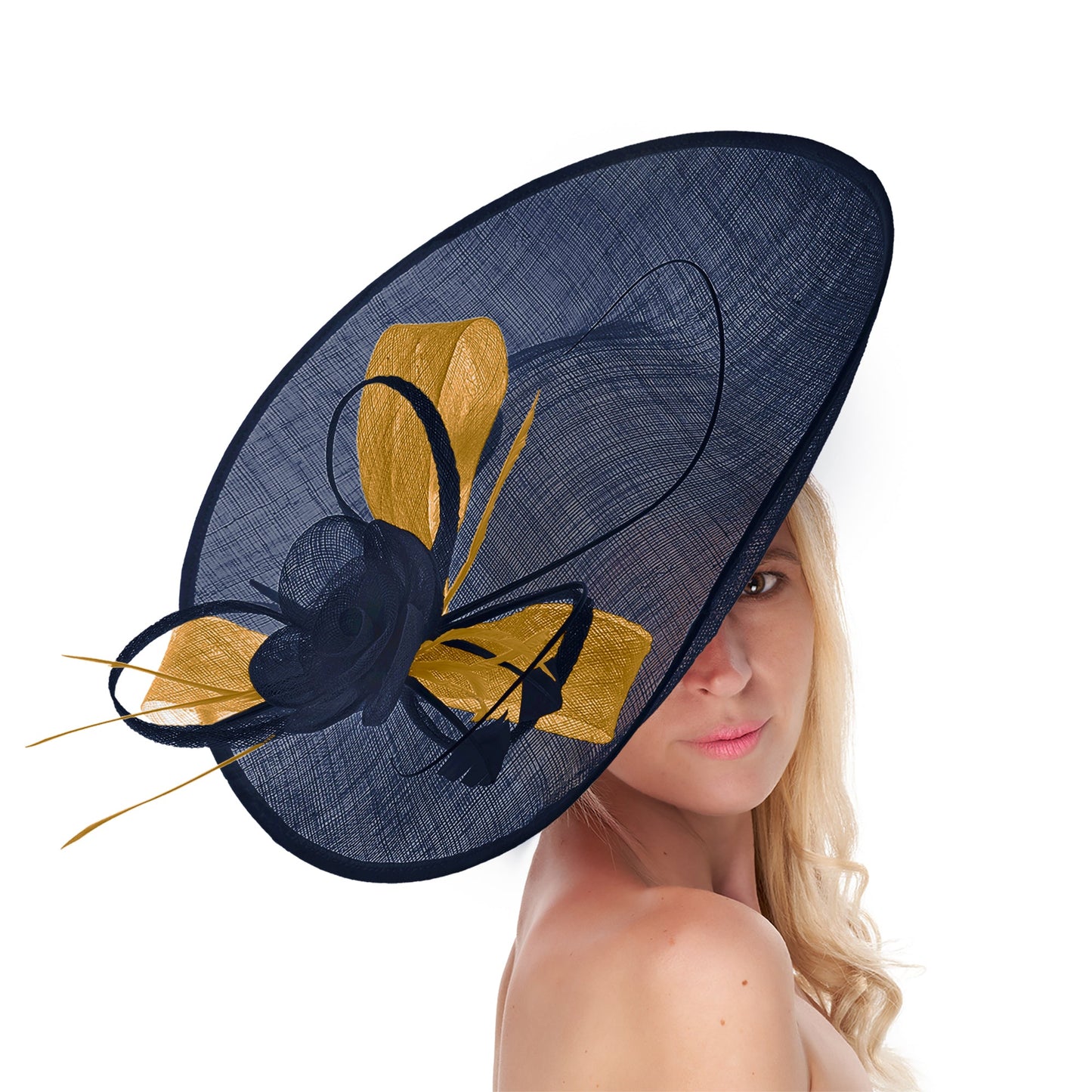 Navy Dark Blue Mustard Mix 41cm Large Sinamay Hatinator Disc Saucer Brim Hat Fascinator on Headband