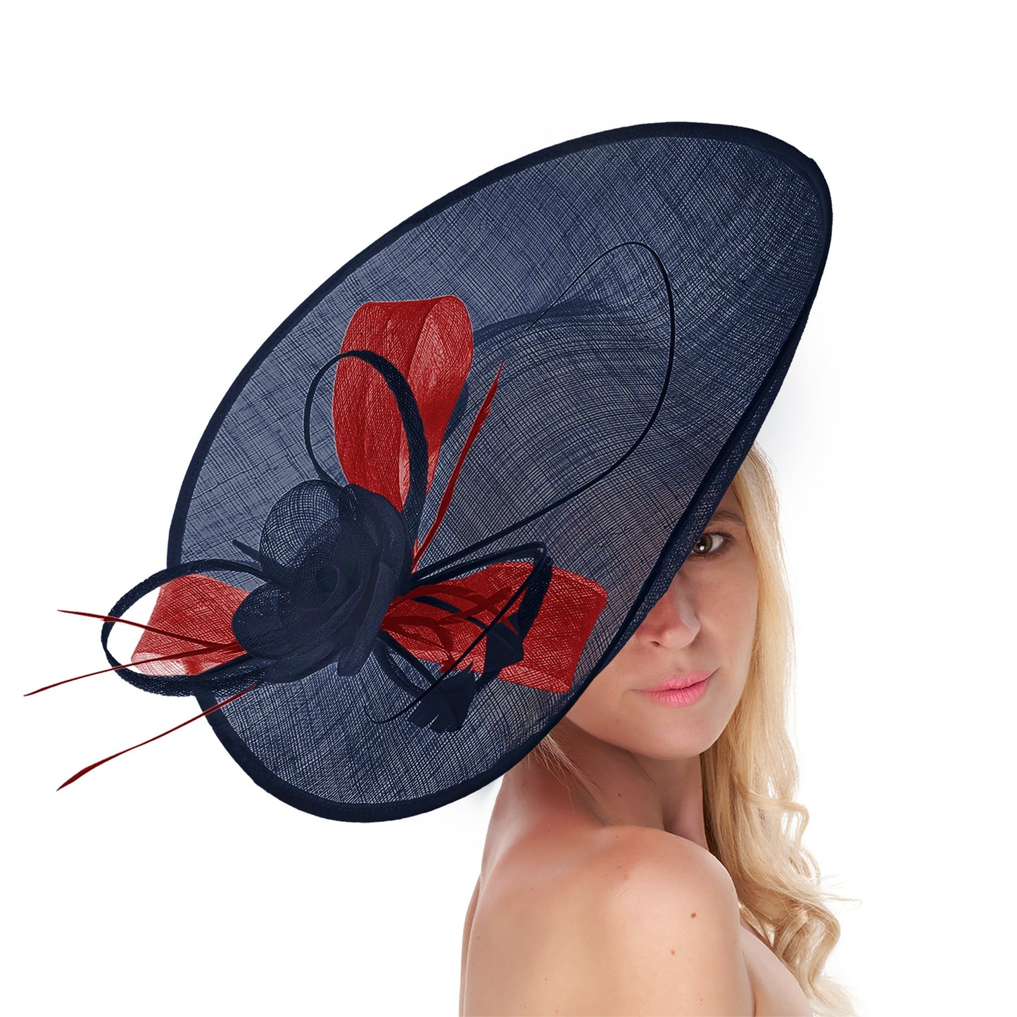 Navy Dark Blue Red Mix 41cm Large Sinamay Hatinator Disc Saucer Brim Hat Fascinator on Headband
