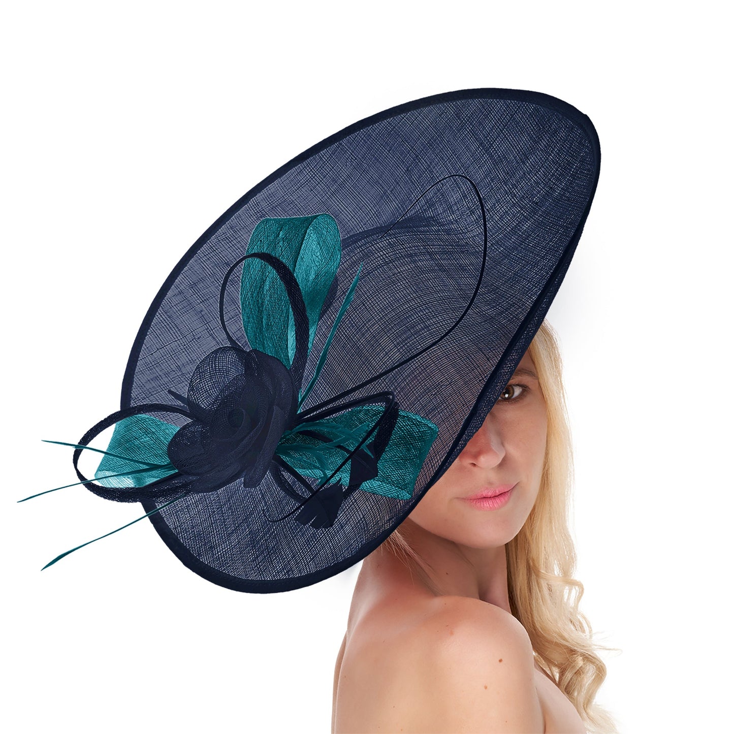 Navy Dark Blue Teal Mix 41cm Large Sinamay Hatinator Disc Saucer Brim Hat Fascinator on Headband