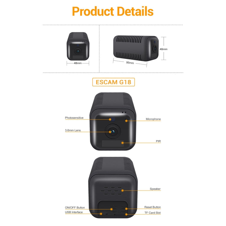 ESCAM G18 1080P Full HD Rechargeable Battery WiFi IP Camera, Support  / PIR Motion Detection / TF Card / Two Way Audio (Black)