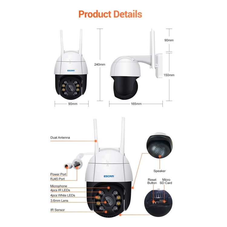 ESCAM QF218 1080P Pan / Tilt AI Humanoid Detection IP66 Waterproof WiFi IP Camera, Support ONVIF / Night Vision / TF Card / Two-way Audio, US Plug