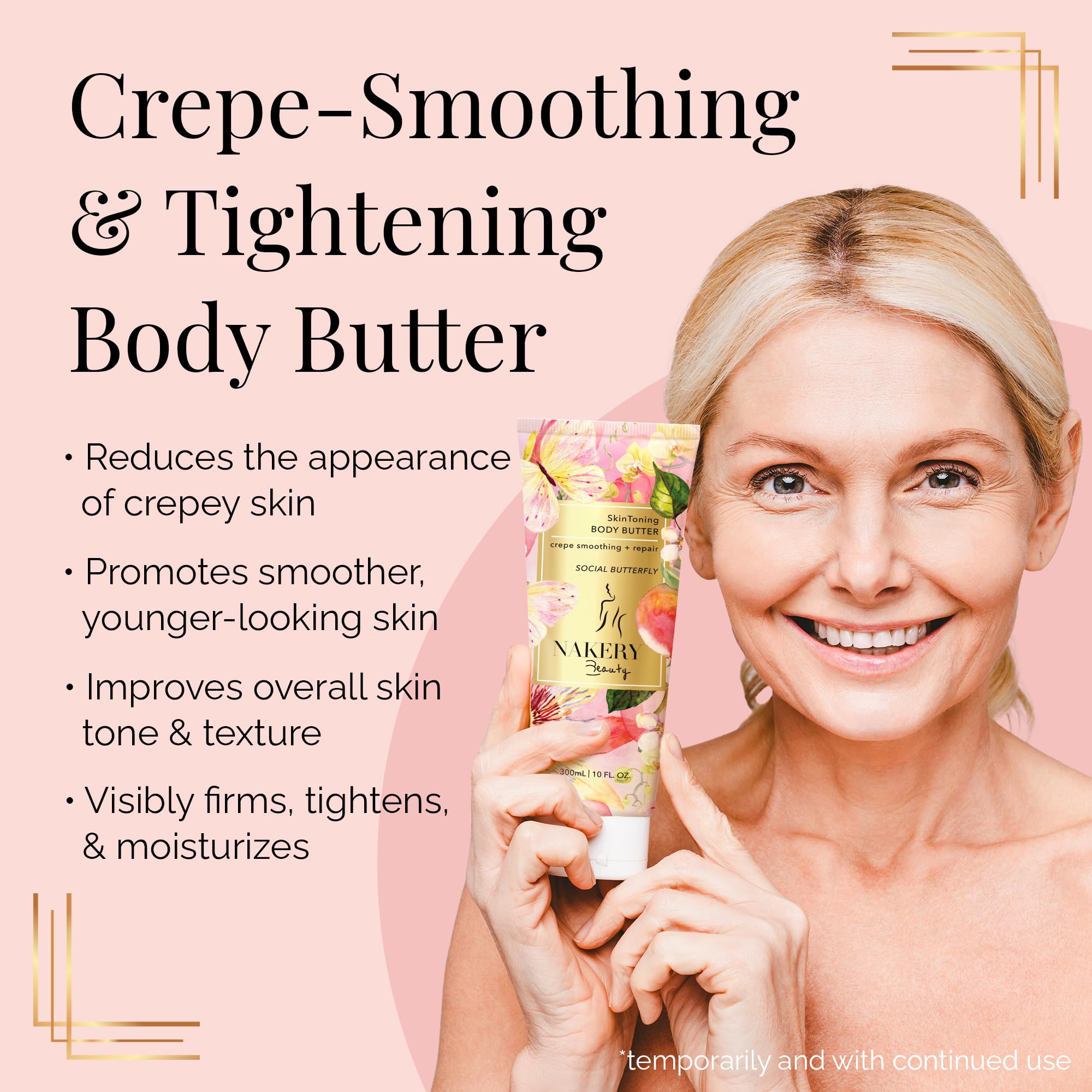 Nakery Body Butter Anti-Aging Moisturizer – Skin Tightening & Neck Firming Cream for Dry Skin, 300ml (Social Butterfly)