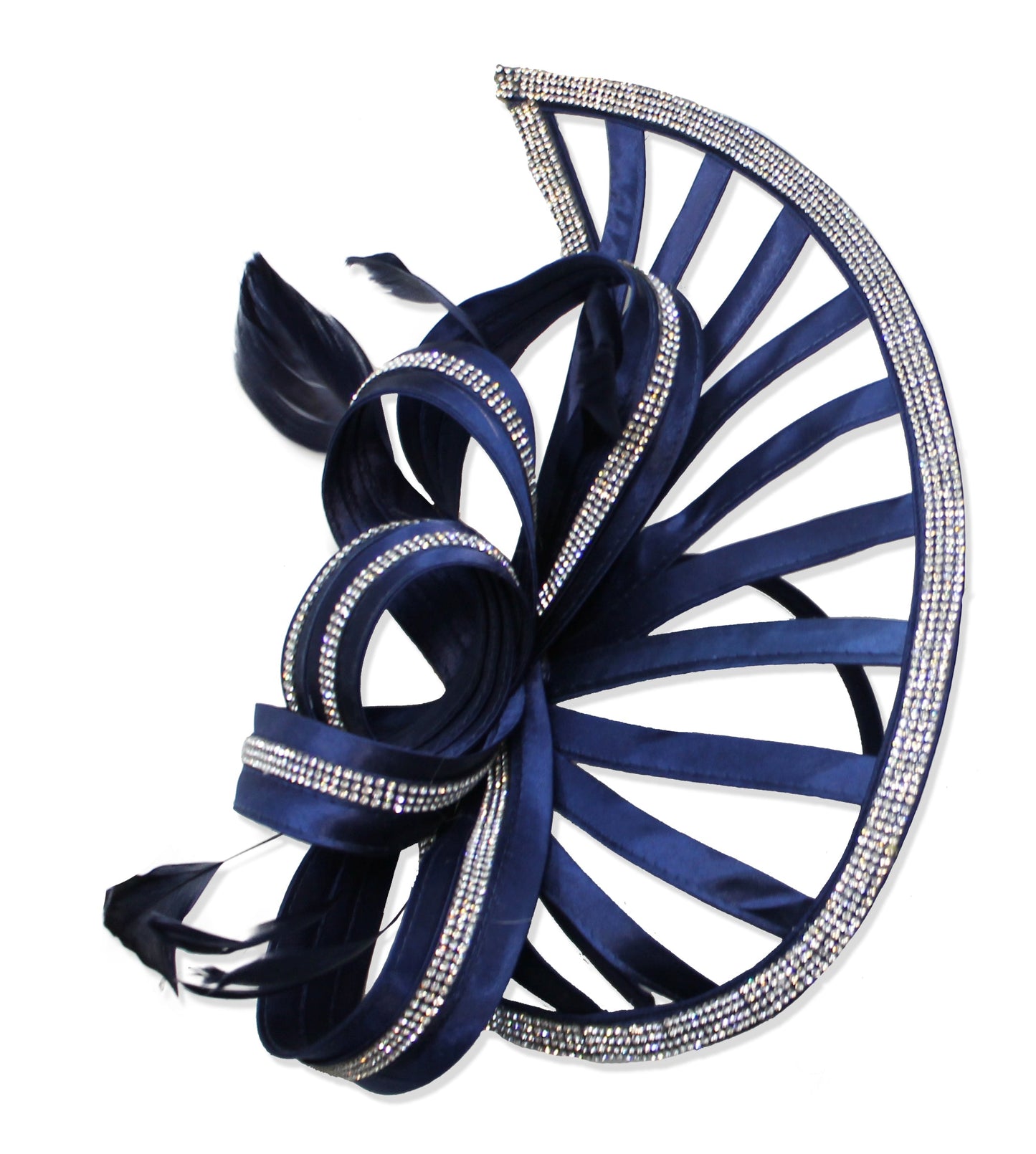Navy Sparkly Silver Crystal Diamante Fascinator Hat Pointed Saucer on Headband