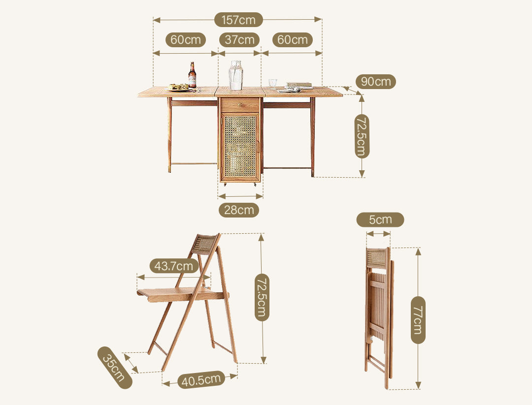 Nydia Foldable Dining Table Set With Storage, Rattan, Solid Wood