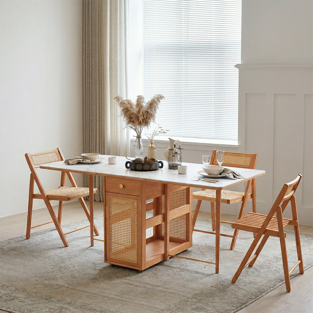 Nydia Foldable Dining Table Set With Storage, Rattan, Solid Wood