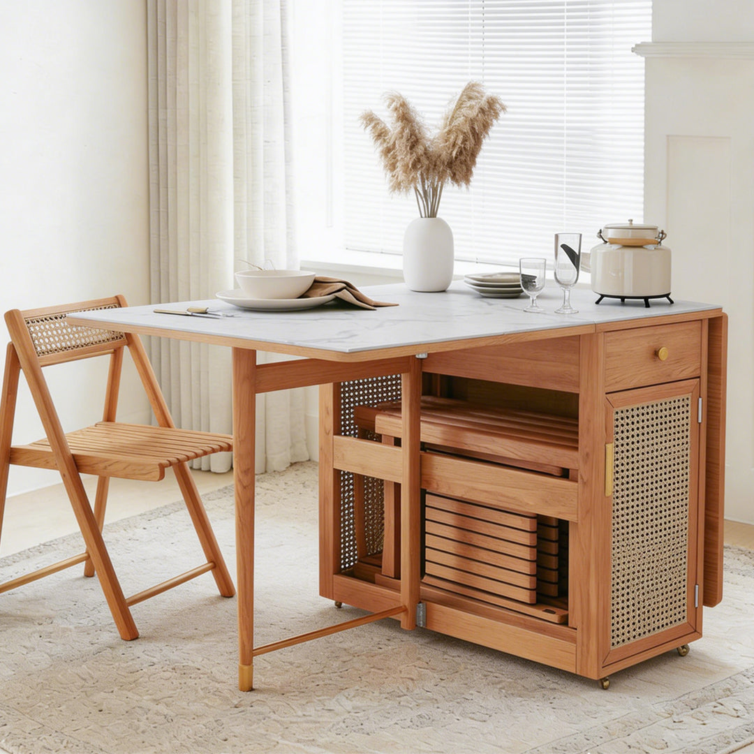 Nydia Foldable Dining Table Set With Storage, Rattan, Solid Wood