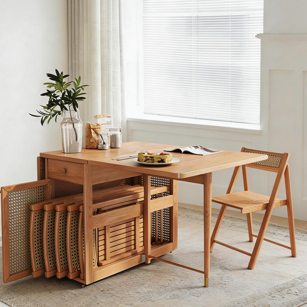 Nydia Foldable Dining Table Set With Storage, Rattan, Solid Wood