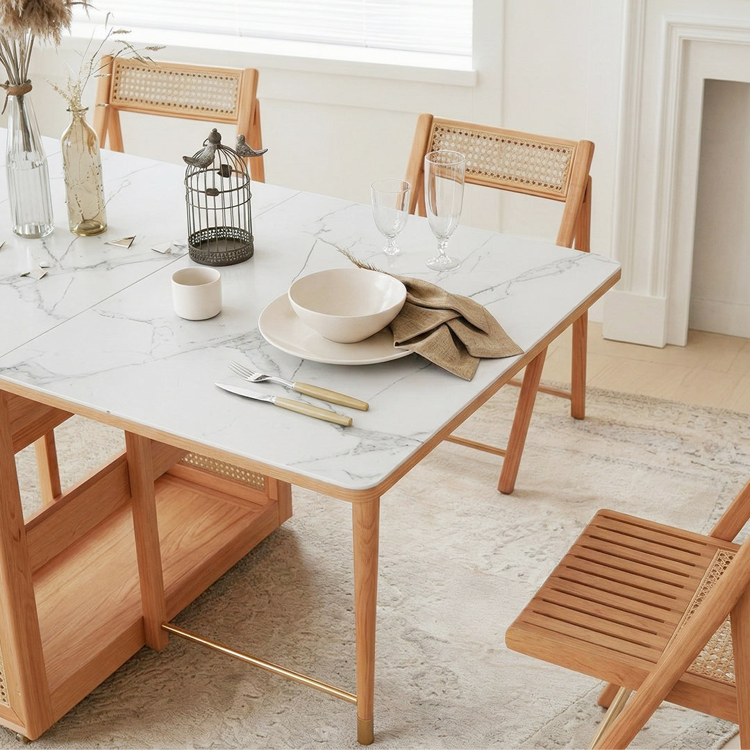Nydia Foldable Dining Table Set With Storage, Rattan, Solid Wood