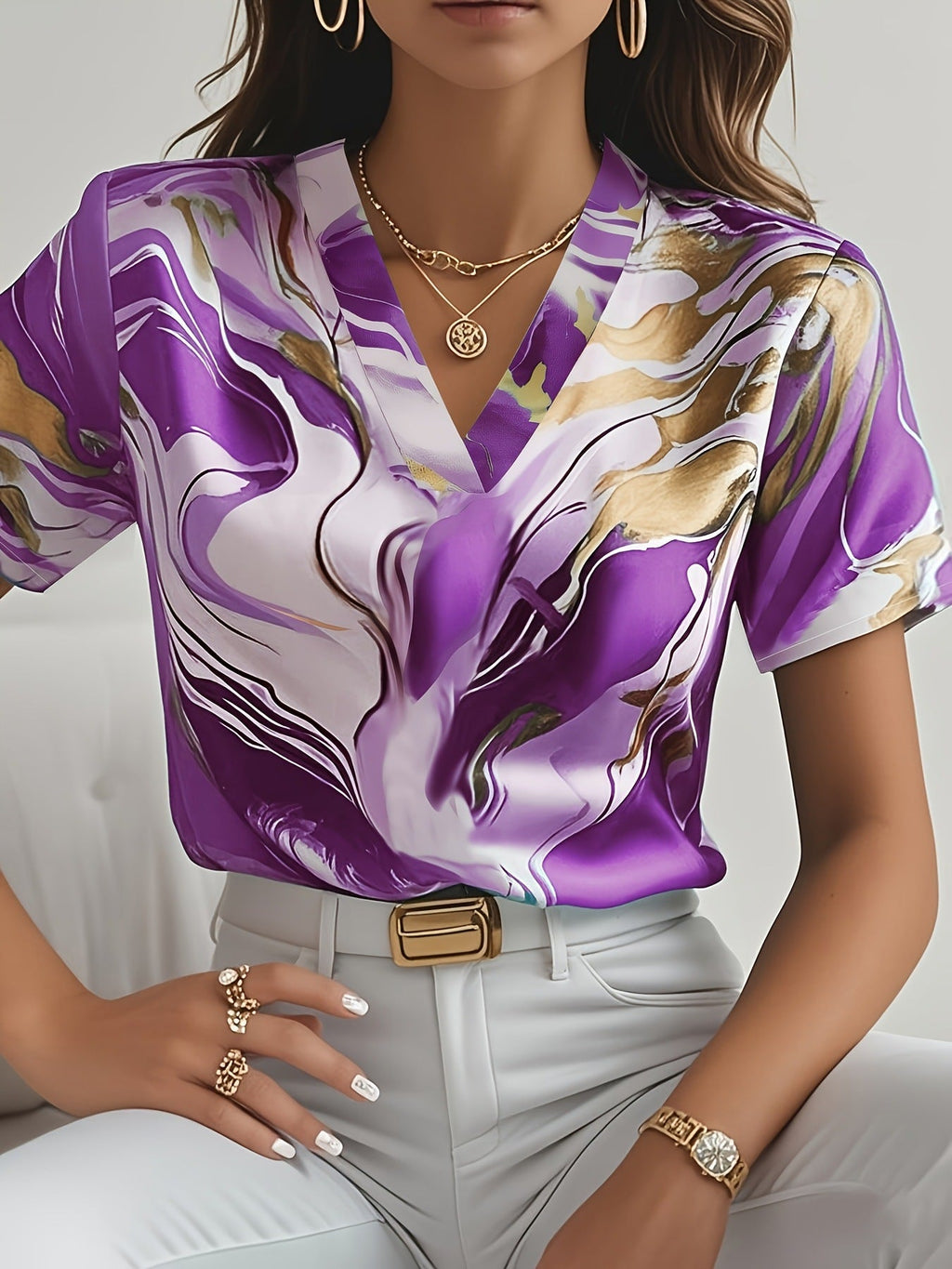 Geometric Pattern V-neck Commuter's All-matching Short Sleeve Shirt