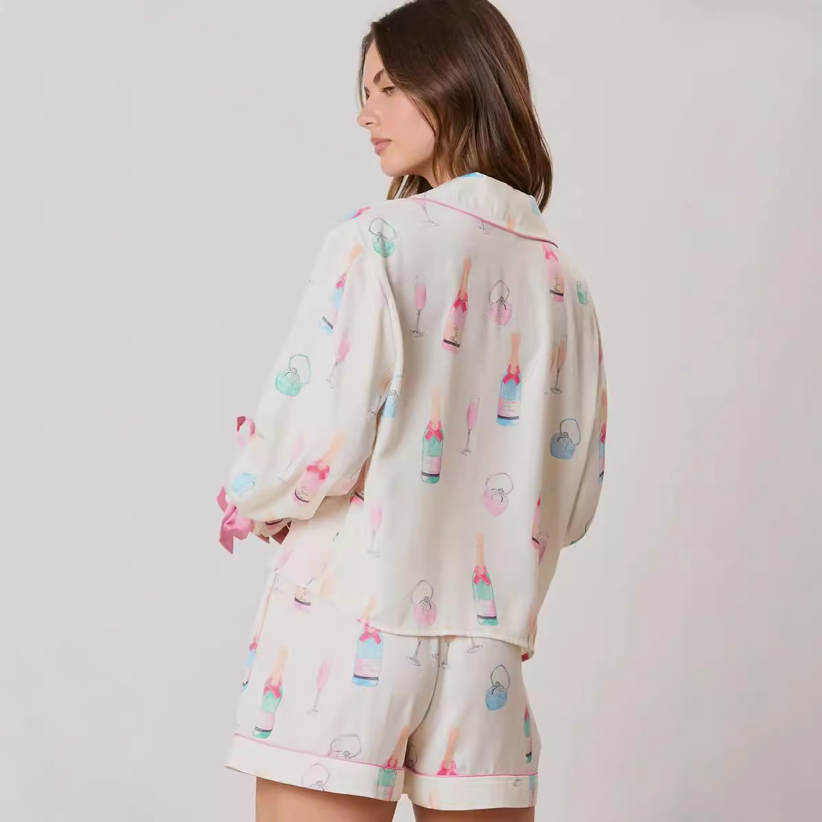 Christmas Bow Long Sleeve Pajamas Shorts Suit