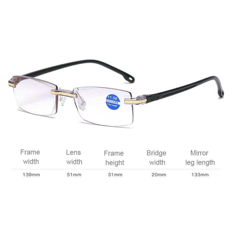 Rimless Anti Blue-ray Blue Film Lenses Presbyopic Glasses, +1.50D, +1.50D