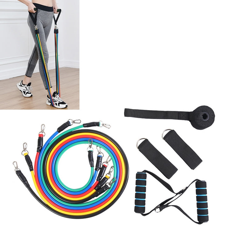jx-003 11 in 1 100lbs TPE Five-point Buckle Household Pull Rope Resistance Band Fitness Equipment Set, 100lbs with Blue Handle