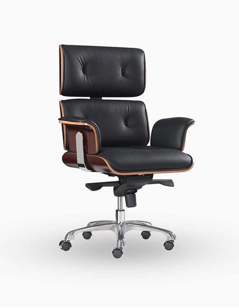 Modern E69 High Back Office Chair Black Premium Leather/ Walnut