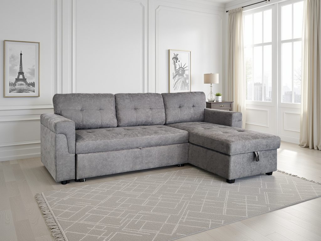 Omniya Grey Universal Corner Sofa Bed: Storage, Reversible Chaise, Plush Fabric