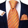 Orange Striped Silk Tie - With Matching Cufflinks & Pocket Square