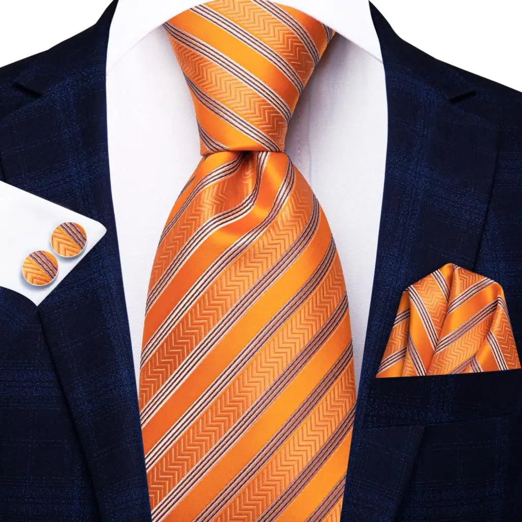 Orange Striped Silk Tie - With Matching Cufflinks & Pocket Square