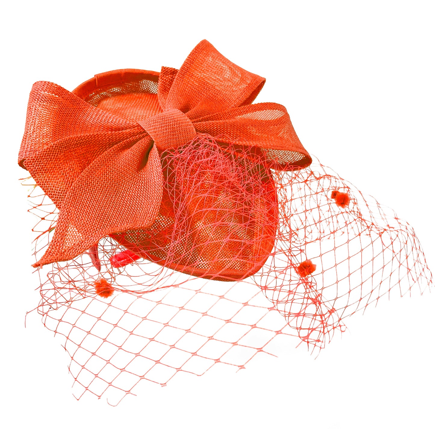 Teardrop Pointed Pillbox Large Bow Fascinator with Birdcage Veil on Headband - Orange