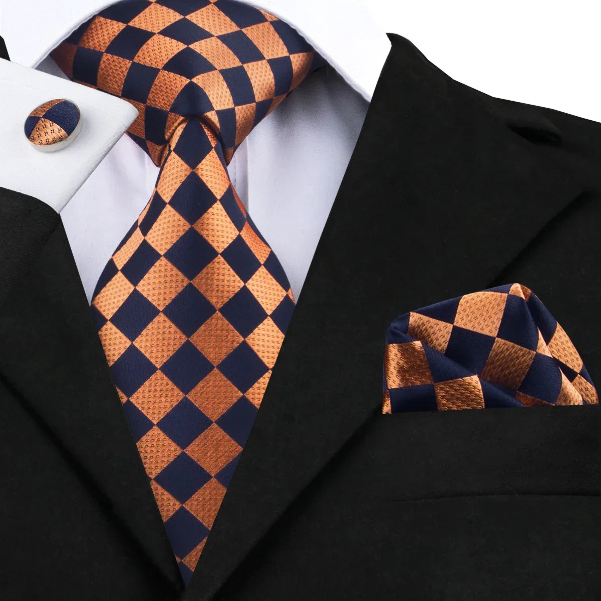 Orange and Blue Check Silk Tie - With Matching Cufflinks & Pocket Square