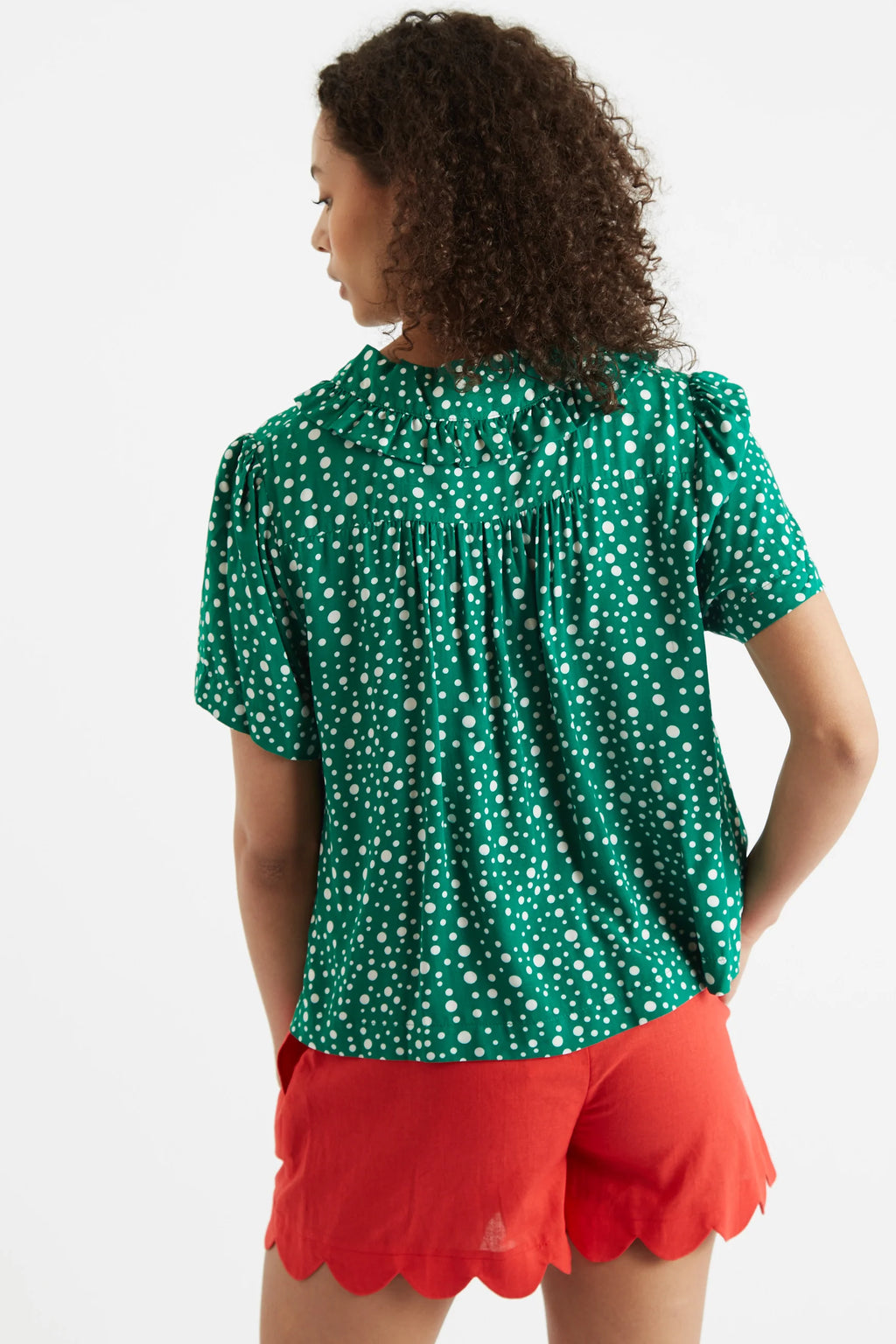 Louche Padma Spot It Print Ruffle Collar Short Sleeve Blouse Green